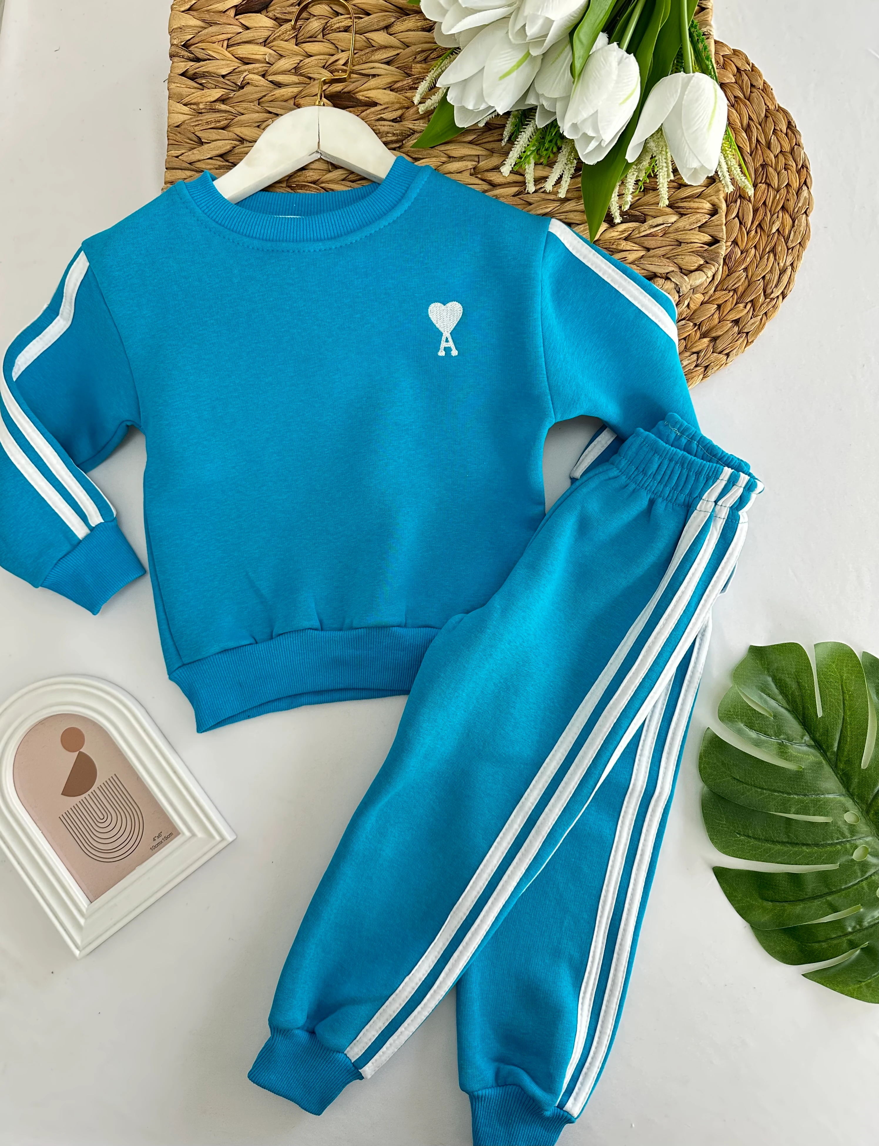 Mavi A Kalp Nakışlı 2'li Takm