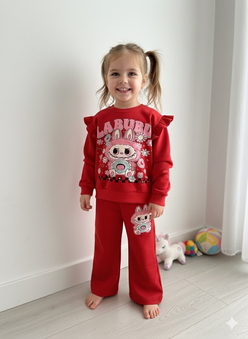 Kız Çocuk Kırmızı Labubu Baskılı 2’li Takım