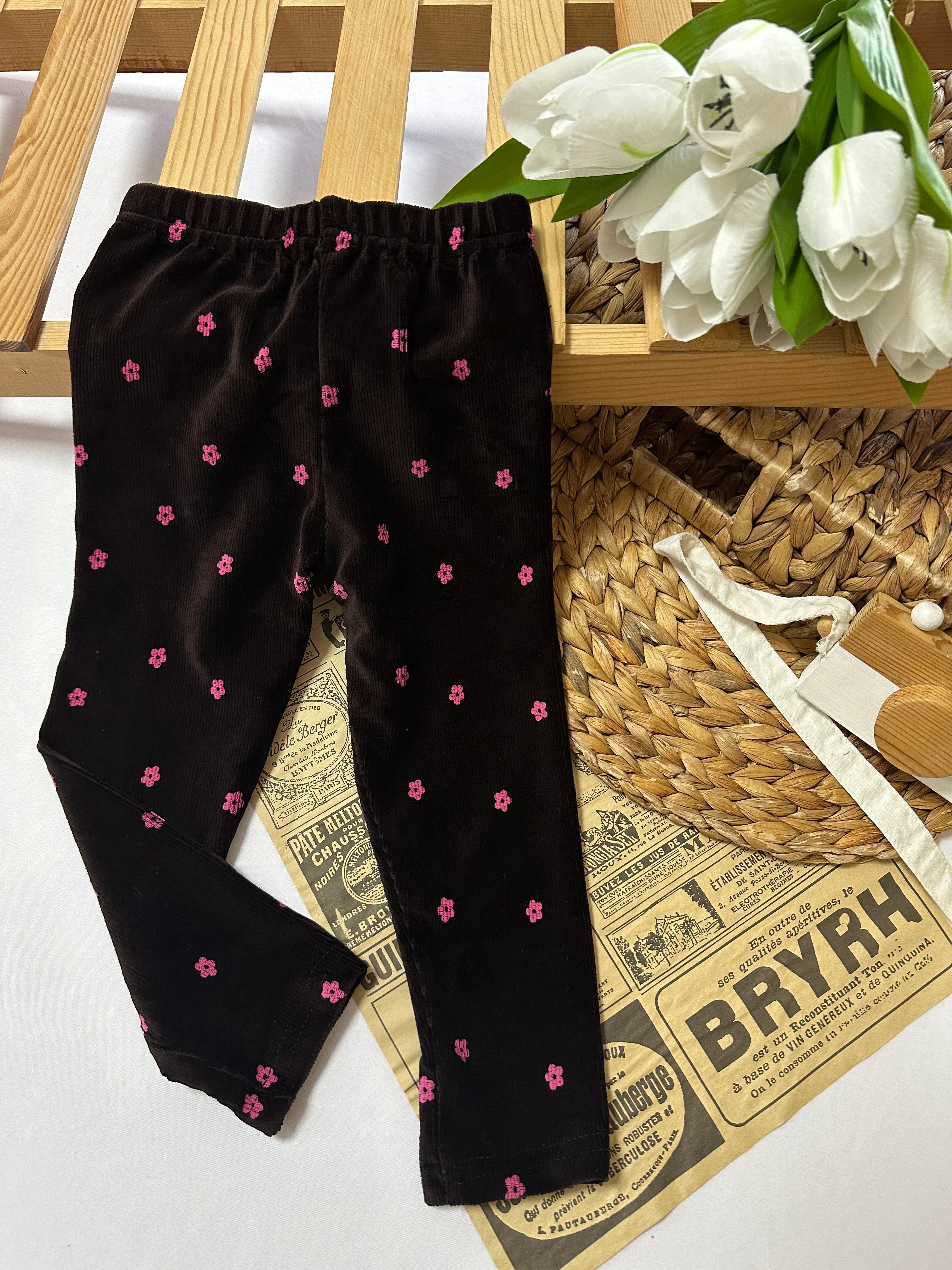 Kız Çocuk Kahve Çiçek Desenli Kadife Tayt