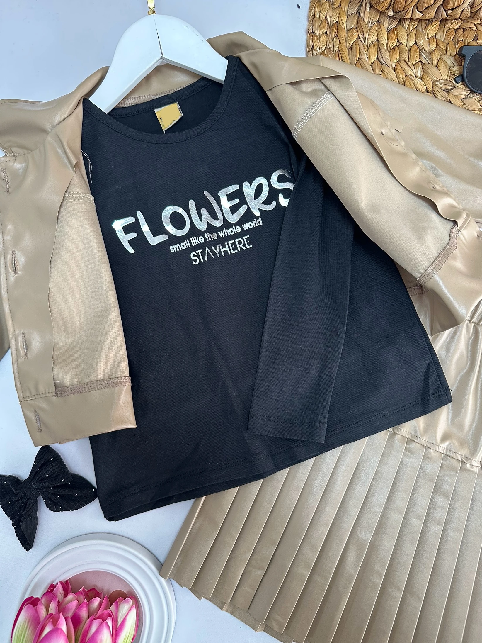 Kız Çocuk Bej 3'lü Deri Takım