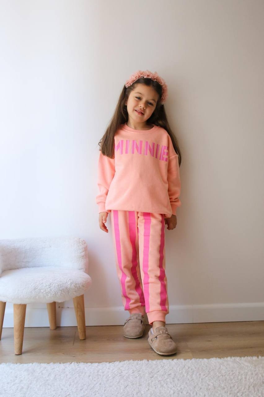 Kız Çocuk Somon Minnie Çizgili Takım