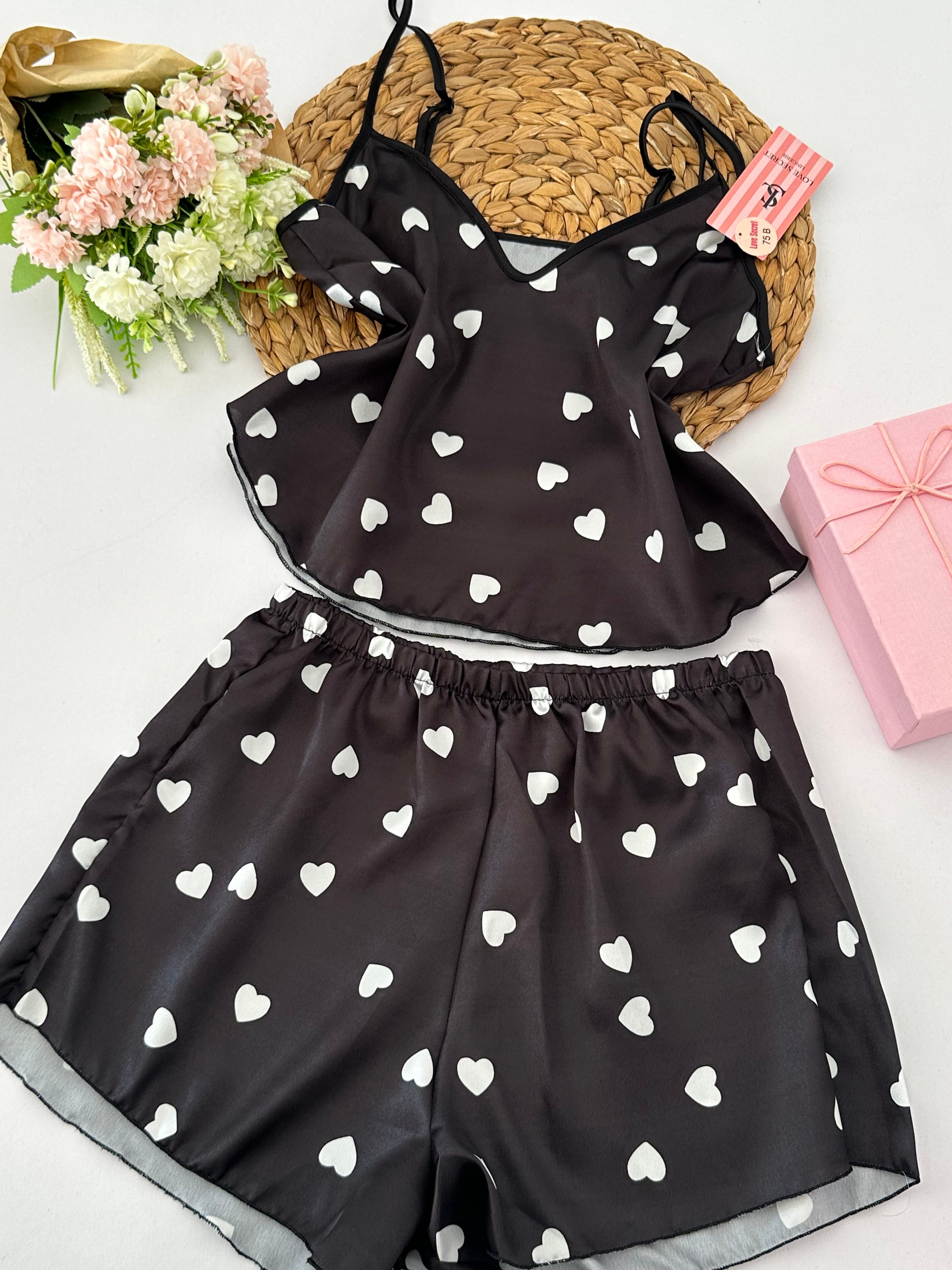 Siyah Kalpli Saten Kadın Pijama Takımı
