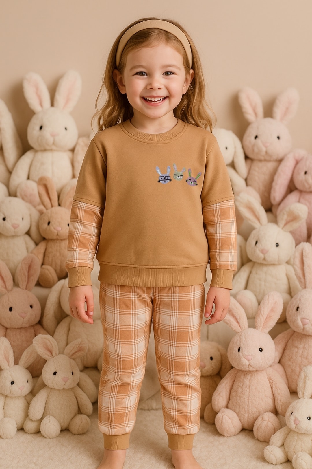 Kız Çocuk Tarçın Tavşancık Figürlü Alt-Üst Takım