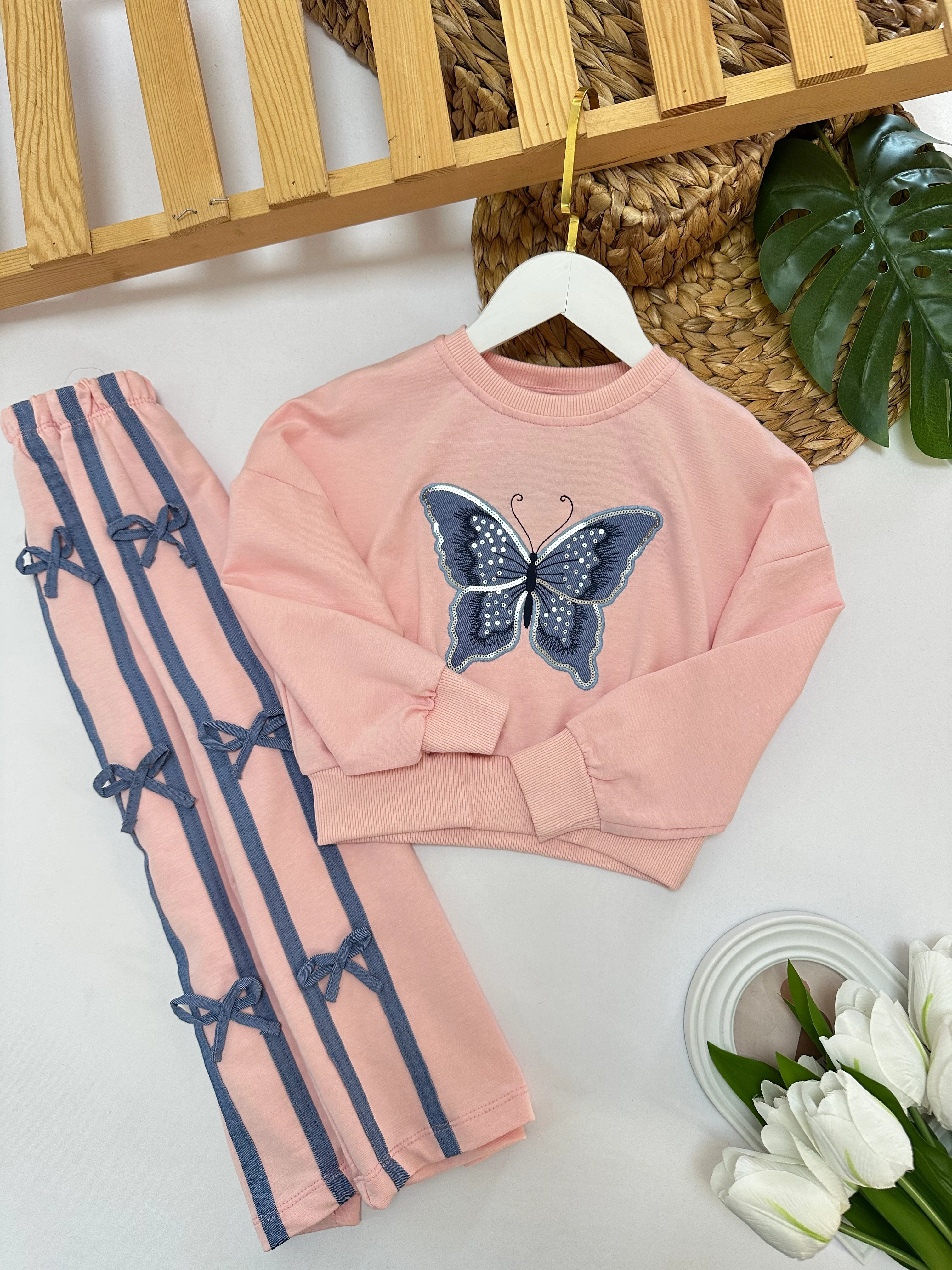 Kız Çocuk Pembe Kelebek Desenli Alt-Üst Takım