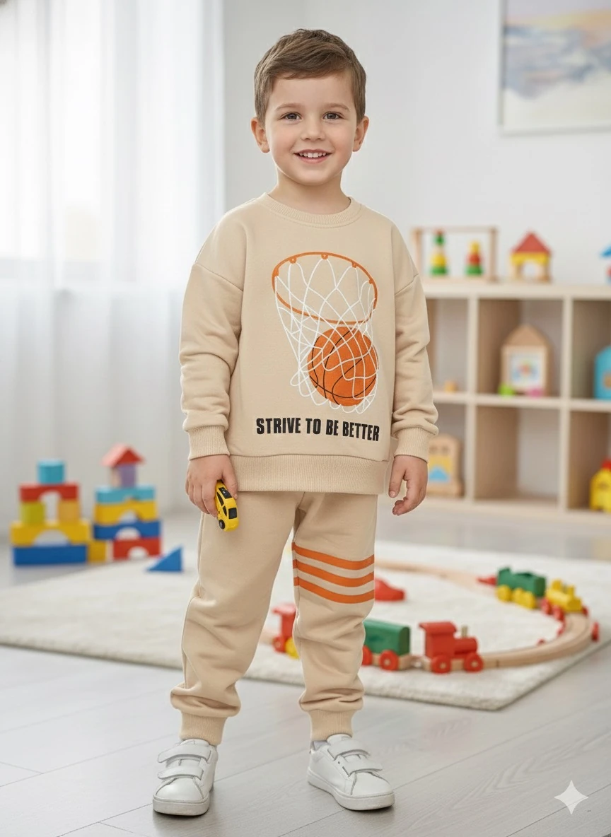 Erkek Çocuk Ekru Basket Baskılı Takım