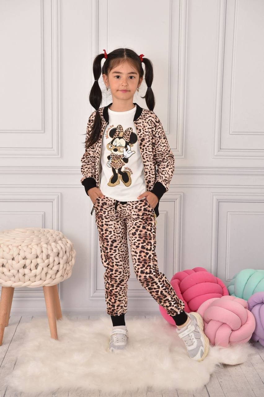 Kız Çocuk Beyaz Leopar Desenli 3'lü Takım