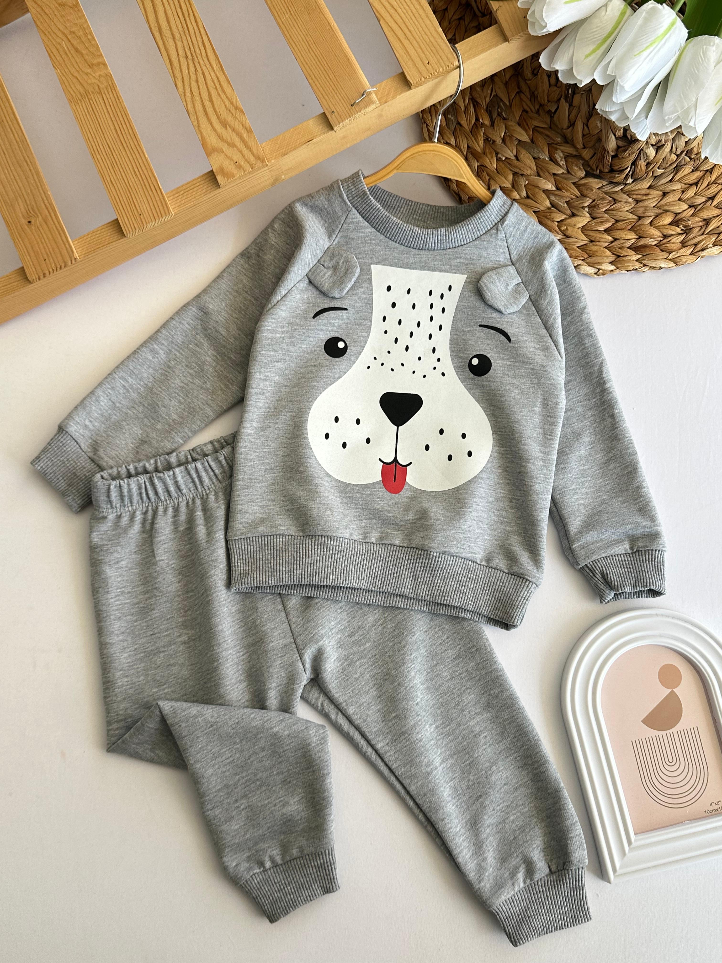 Unisex Gri Köpekcik Baskılı Takım