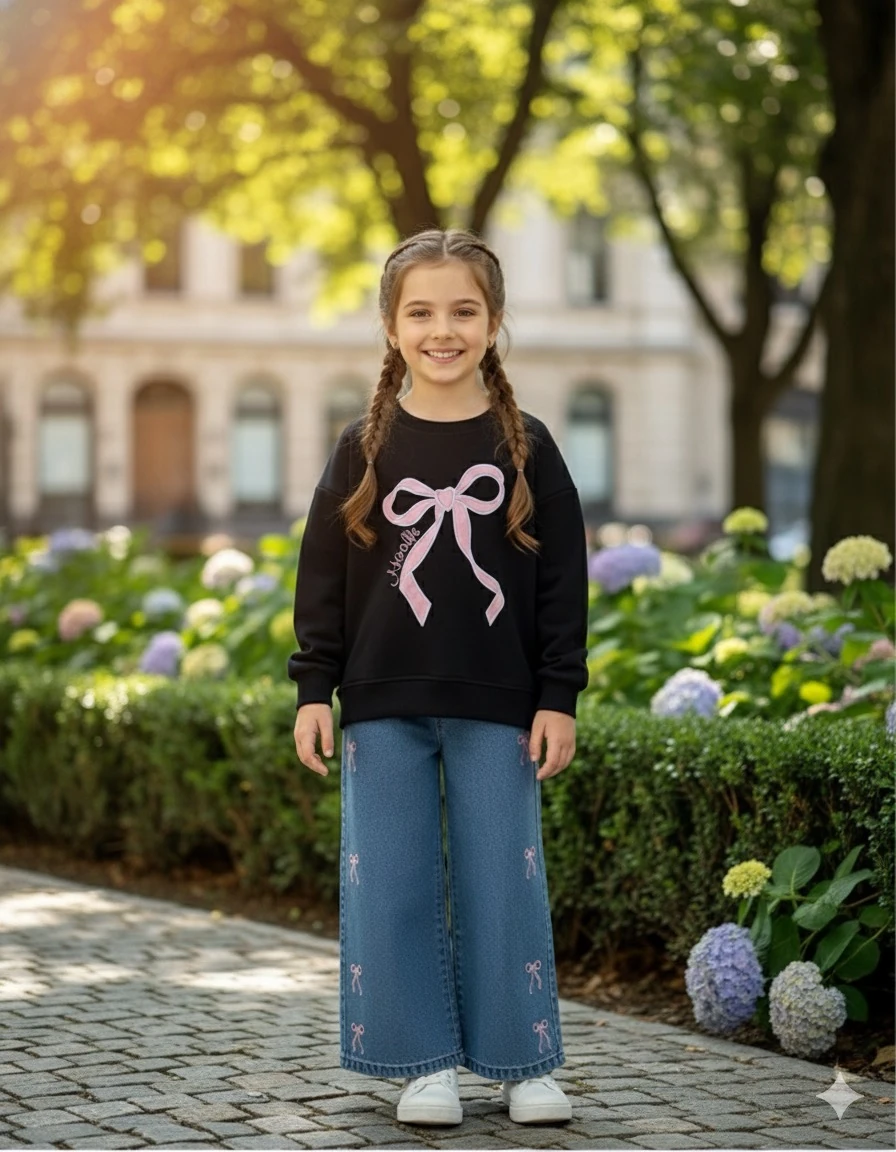 Kız Çocuk Siyah Fiyonklu Kot Pantolonlu Takım