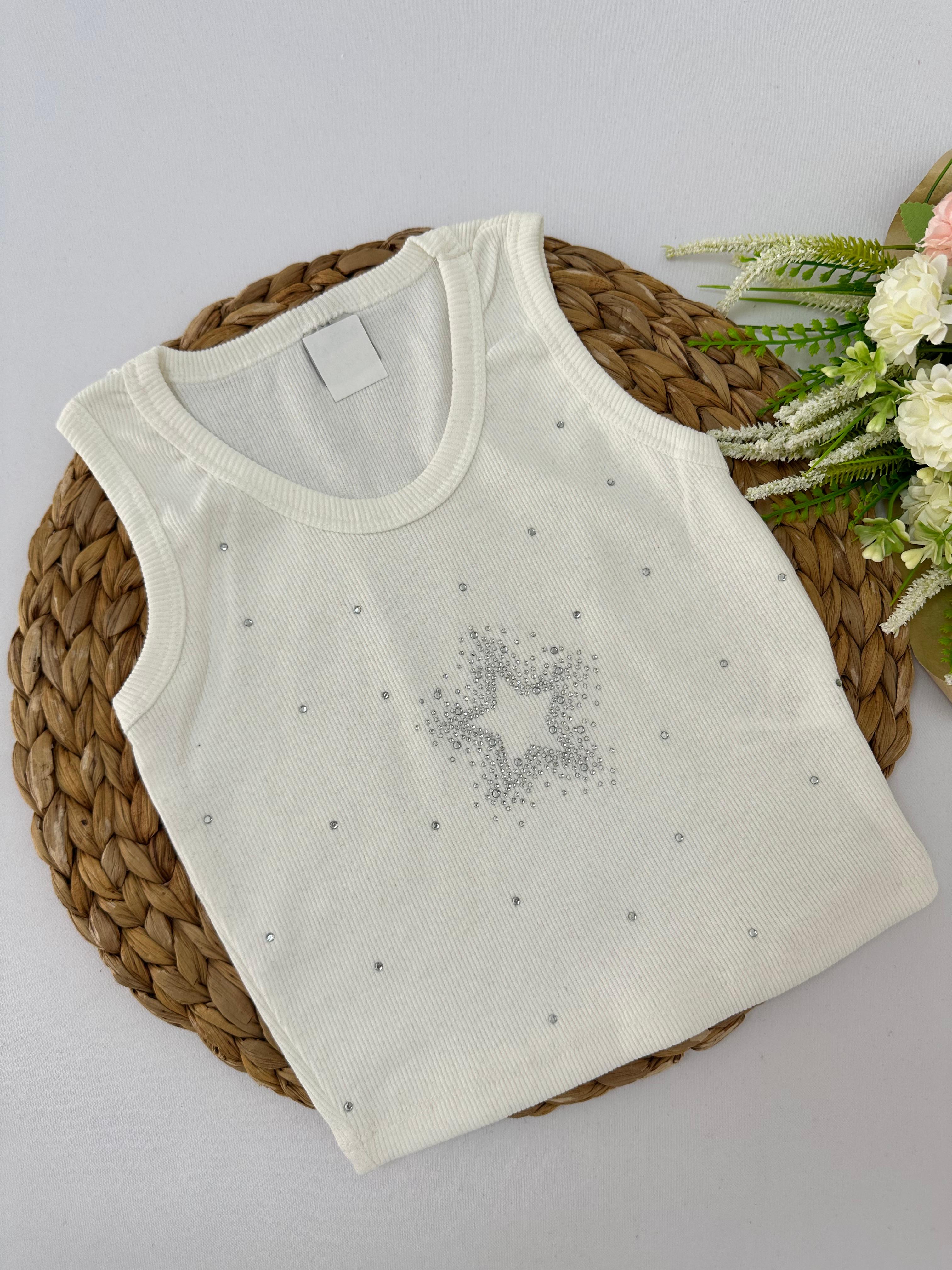Kız Çocuk Ekru  Taşlı Yıldızlı Crop