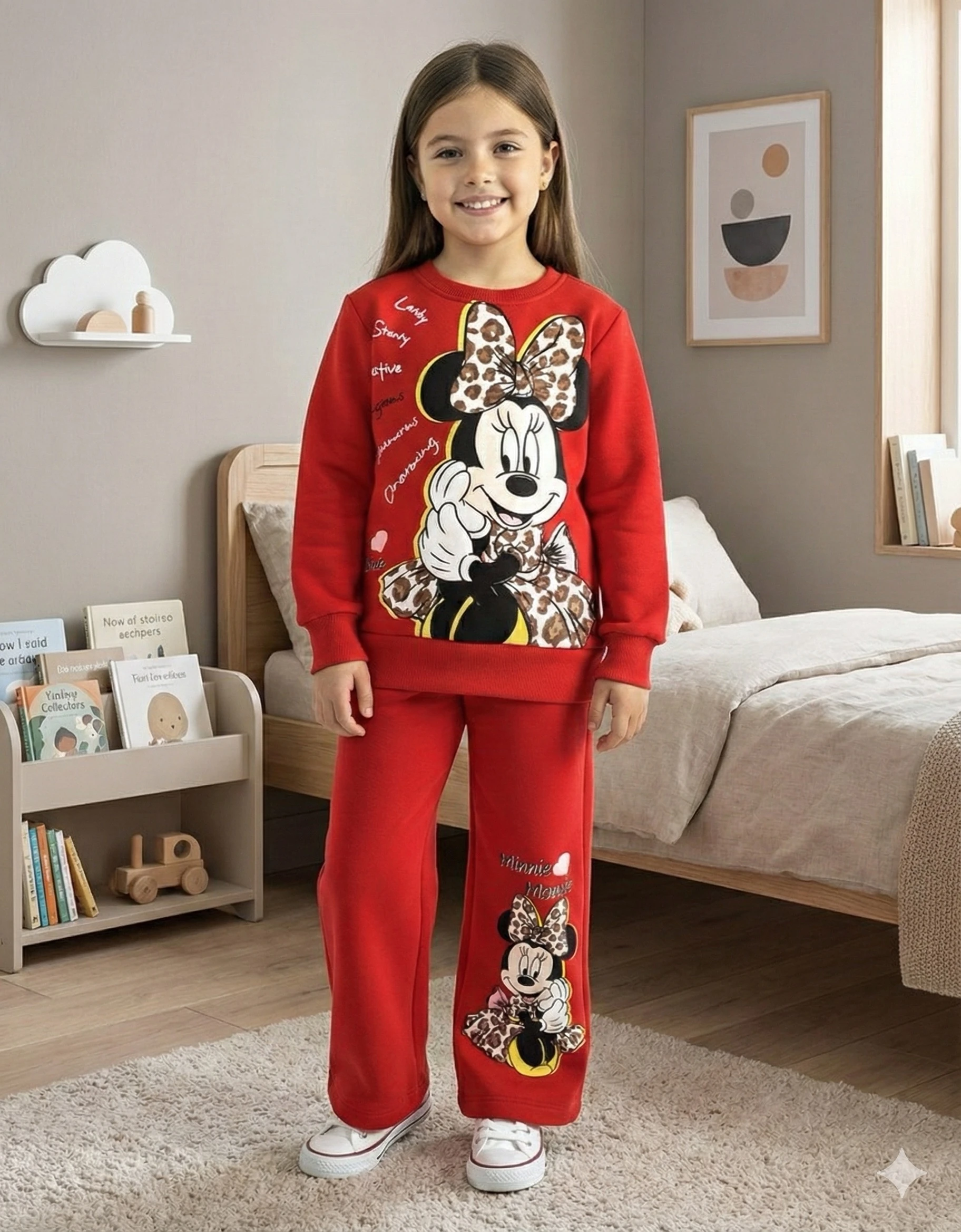 Kız Çocuk Kırmızı Minnie Baskılı Alt-Üst Takım