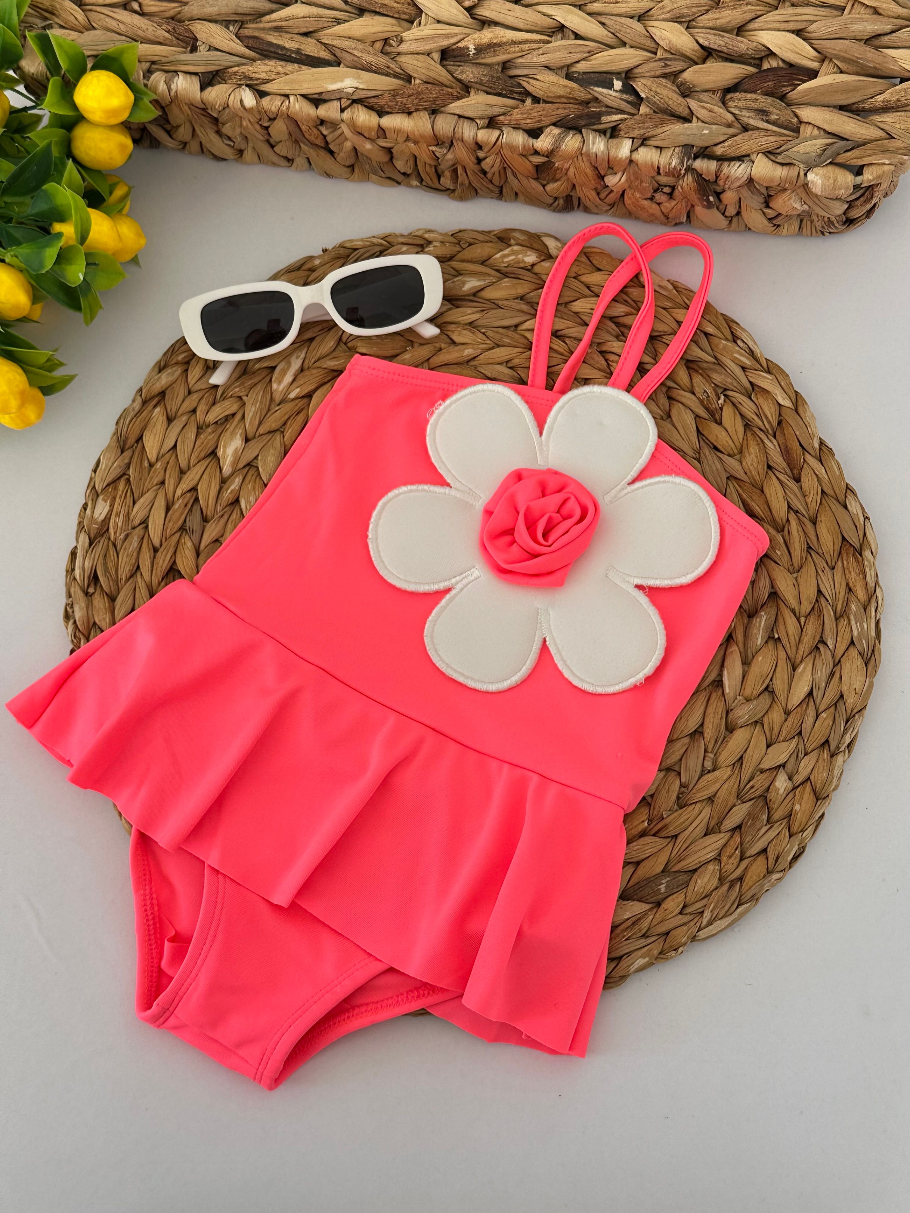 Kız Çocuk Neon Pembe Çiçekli Mayo