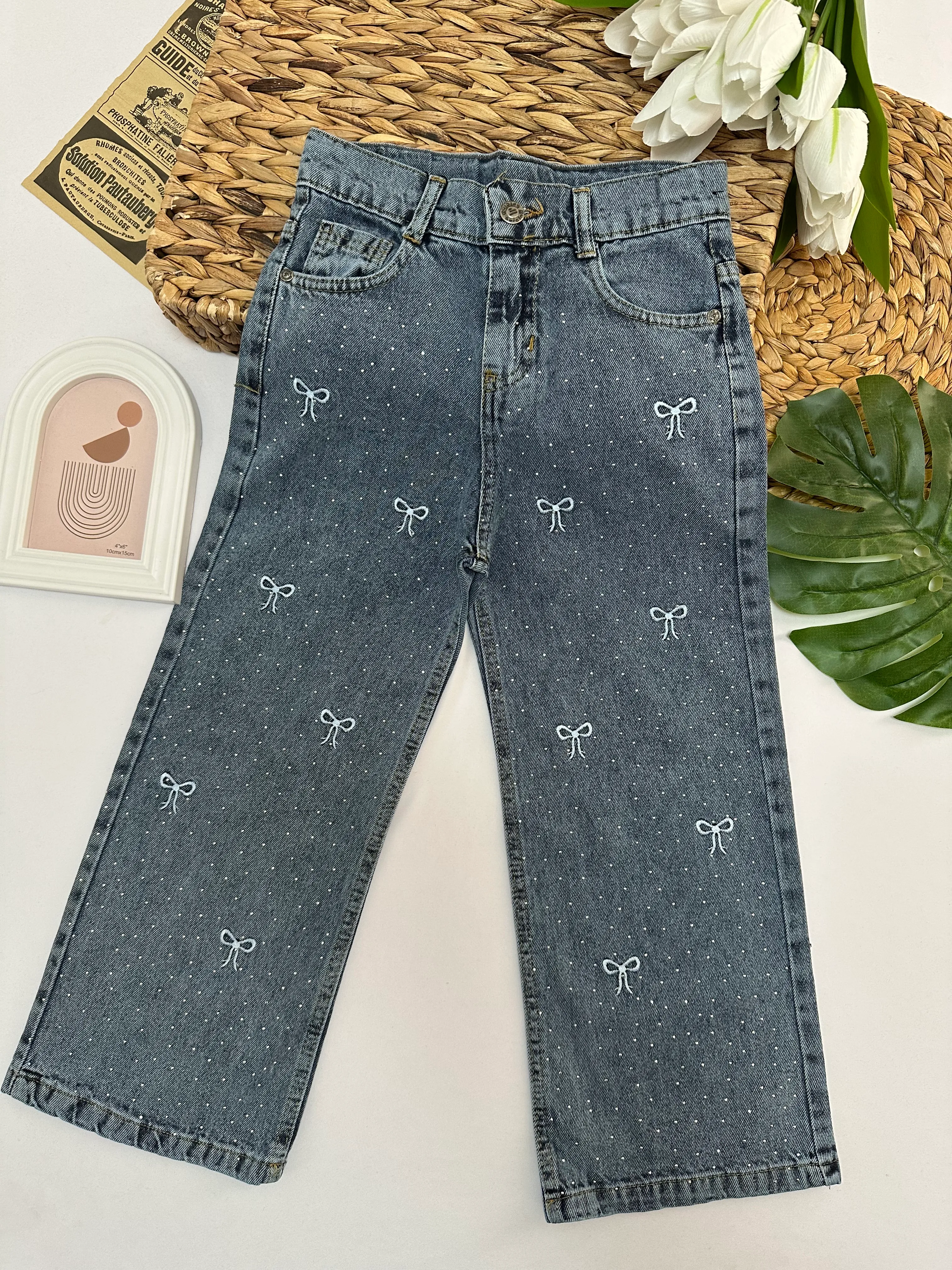 Kız Çocuk Mavi Taşlı ve Fiyonklu Kot Pantolon