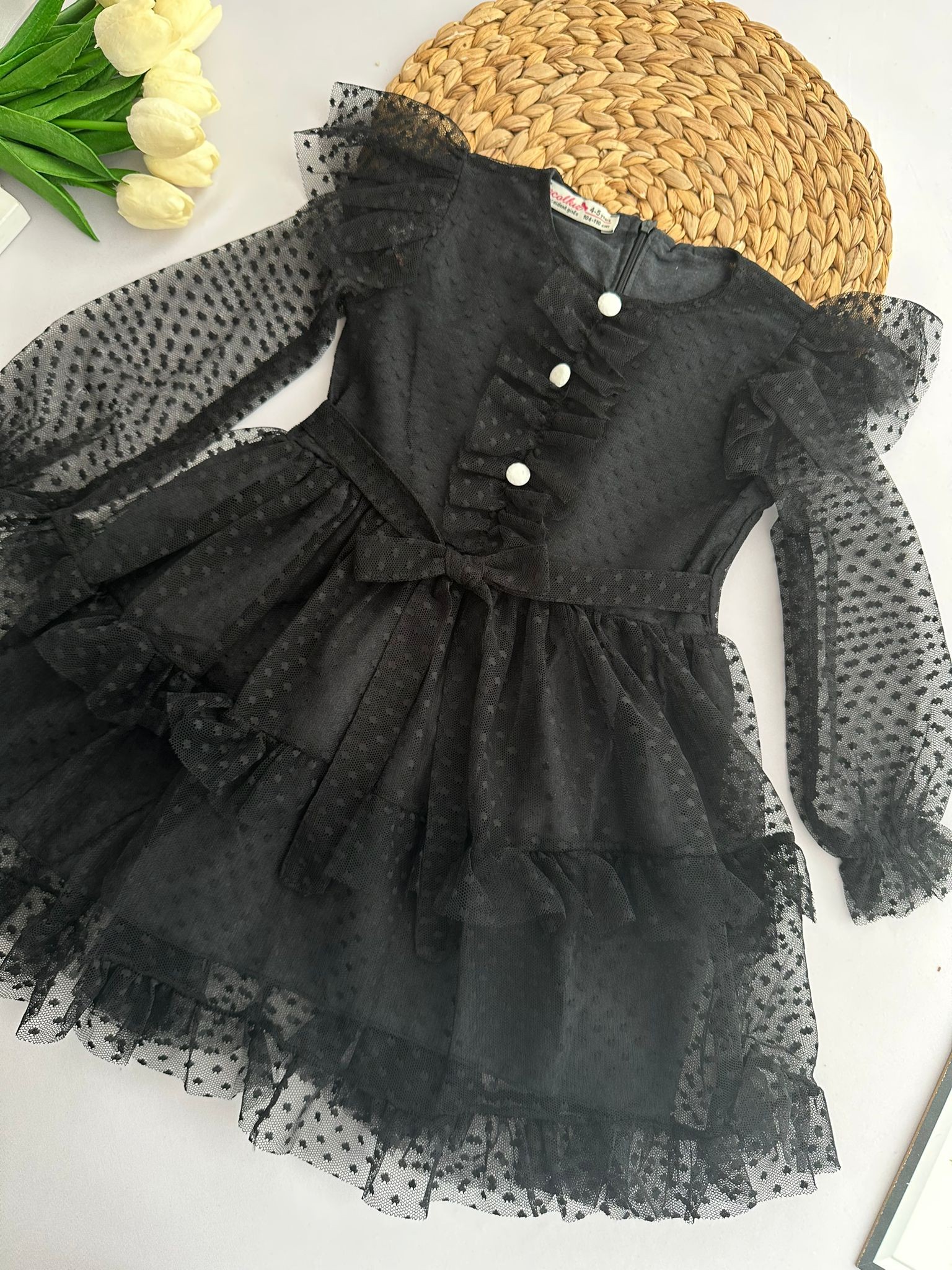 Kız Çocuk Siyah Fırfırlı Puantiyeli Dantel Elbise