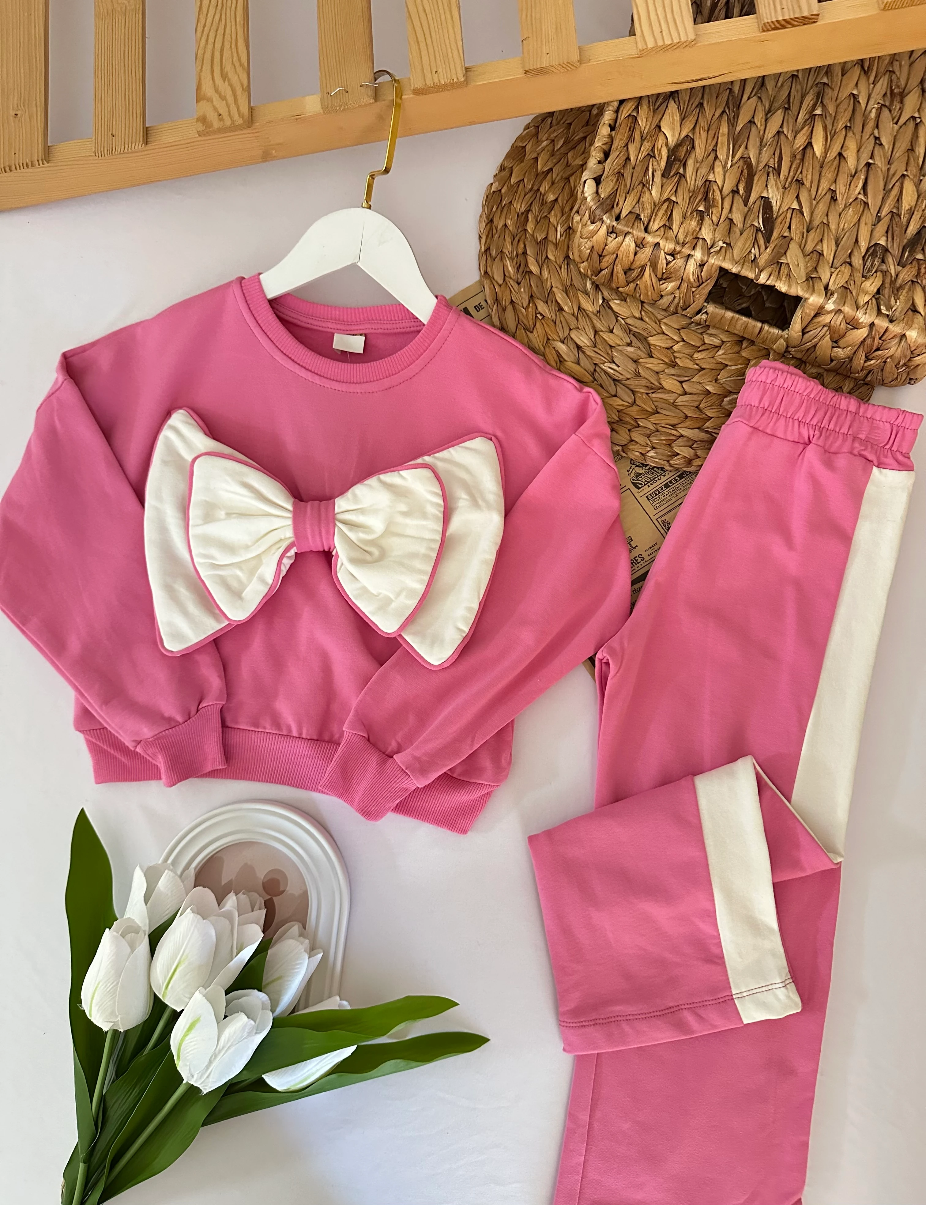 Kız Çocuk Pembe Büyük Fiyonklu Takım 