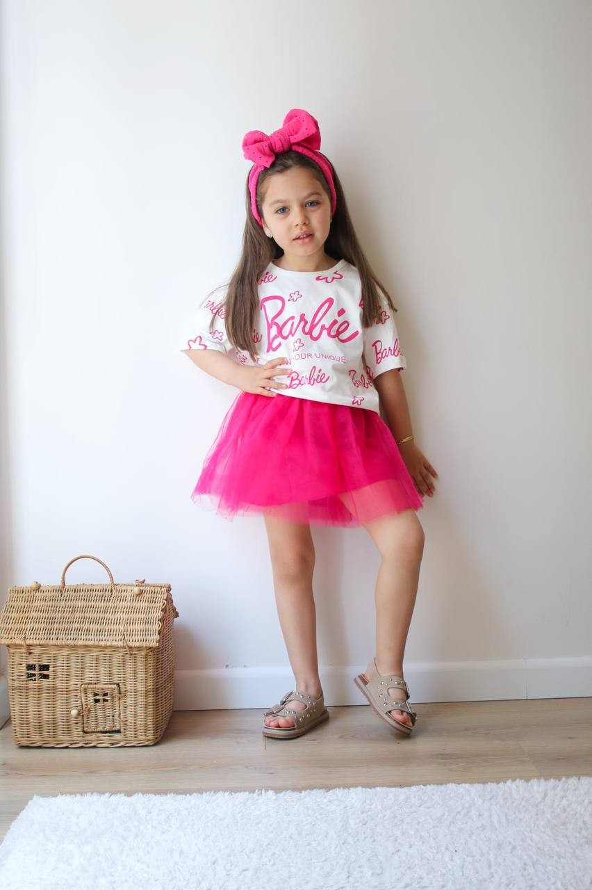 Kız Çocuk Pembe Barbie Tül Etekli Takım