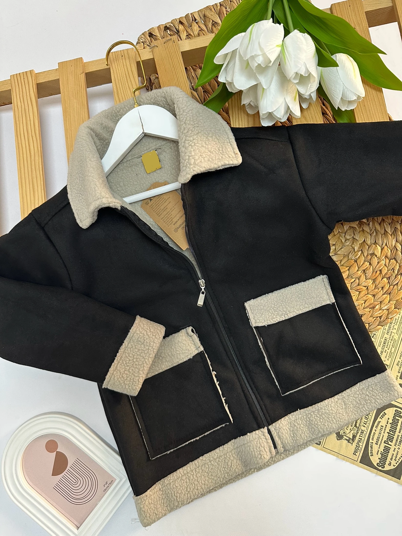 Erkek Çocuk Siyah Ekru İçi Yünlü Süet Mont