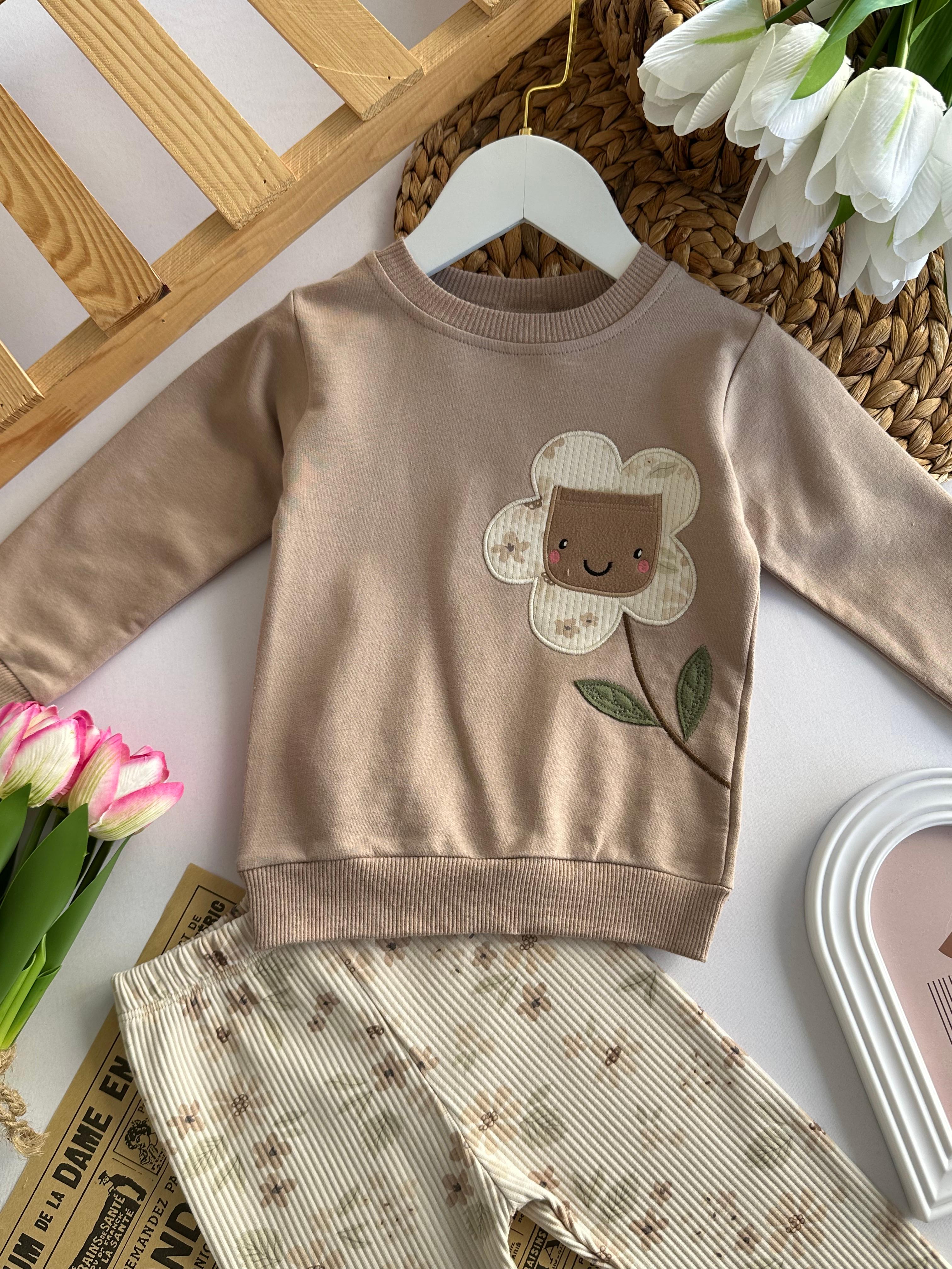 Kız Bebek Kahve Çiçek Desenli Taytlı  Takım