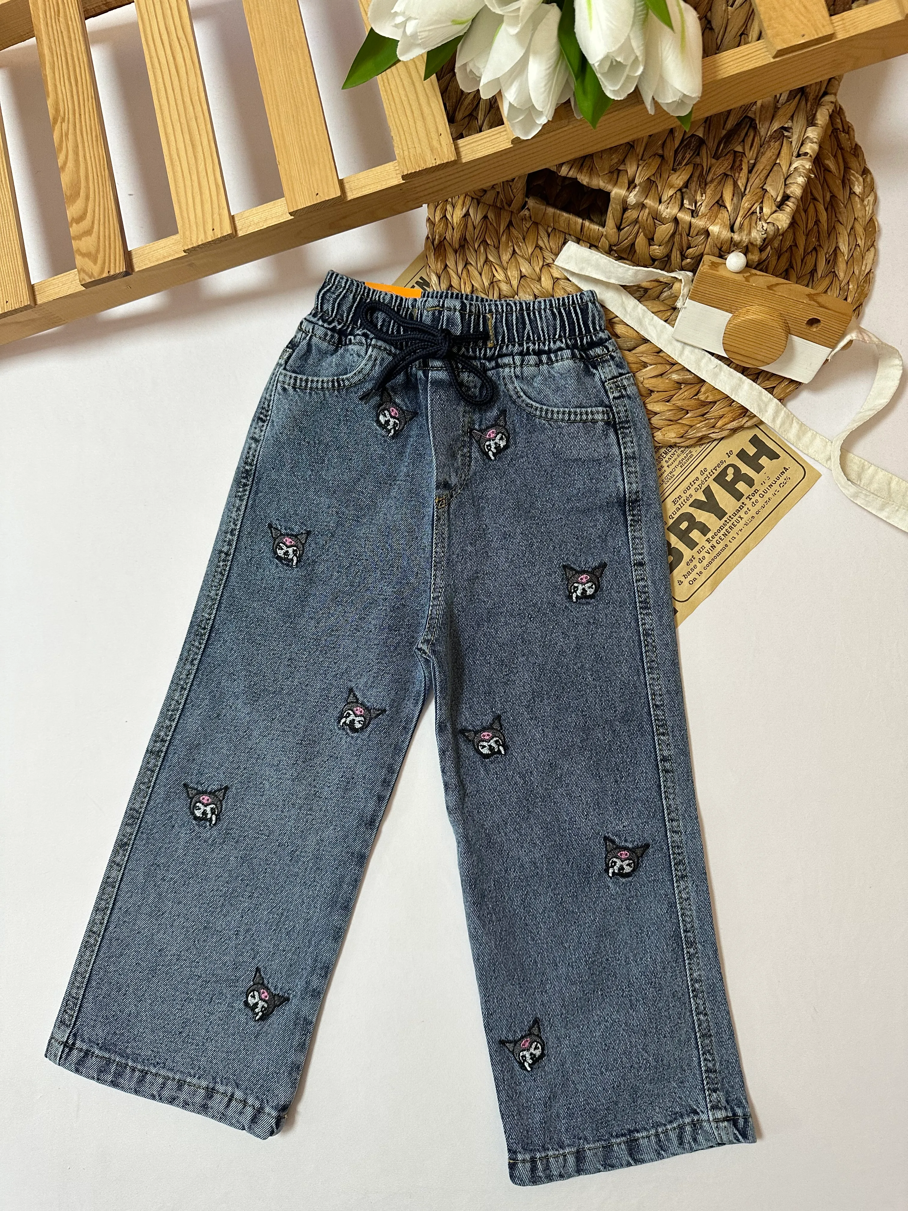 Kız Çocuk Kuromi Baskılı Beli Lastikli Mavi Kot Pantolon