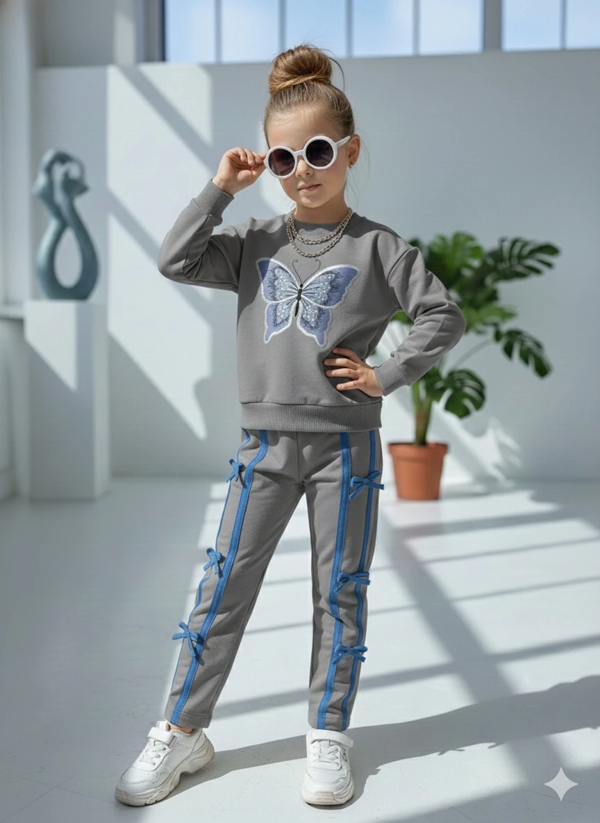 Kız Çocuk Gri Kelebek Desenli Alt-Üst Takım