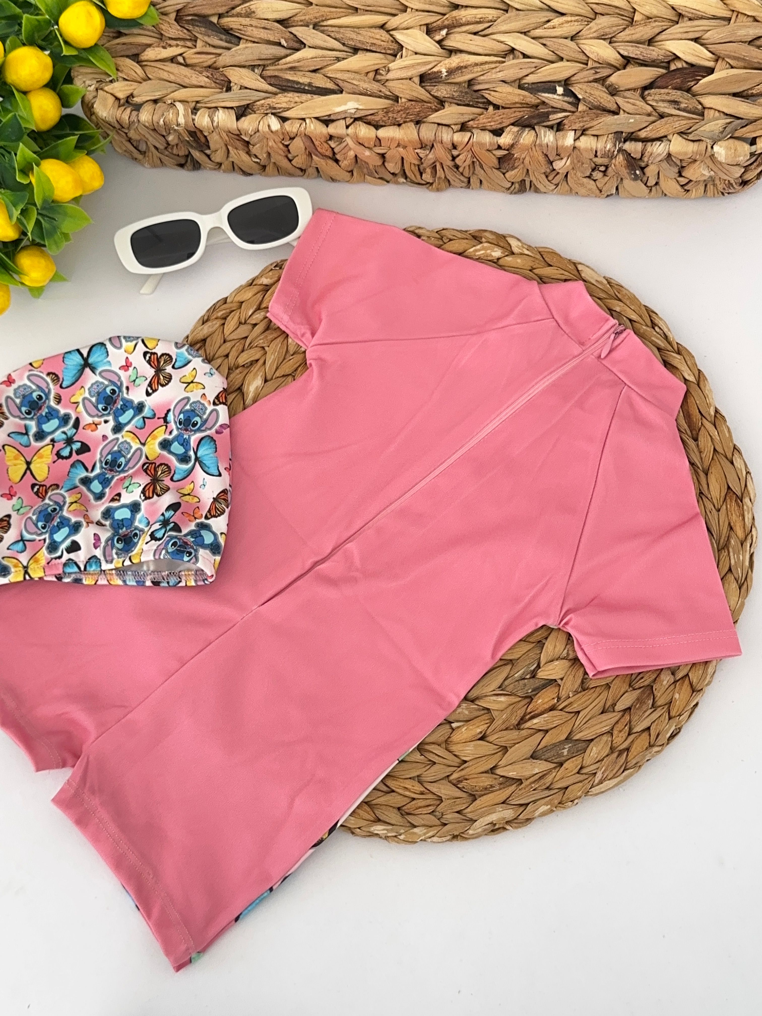 Kız Çocuk Pembe Stitch Boneli Mayo