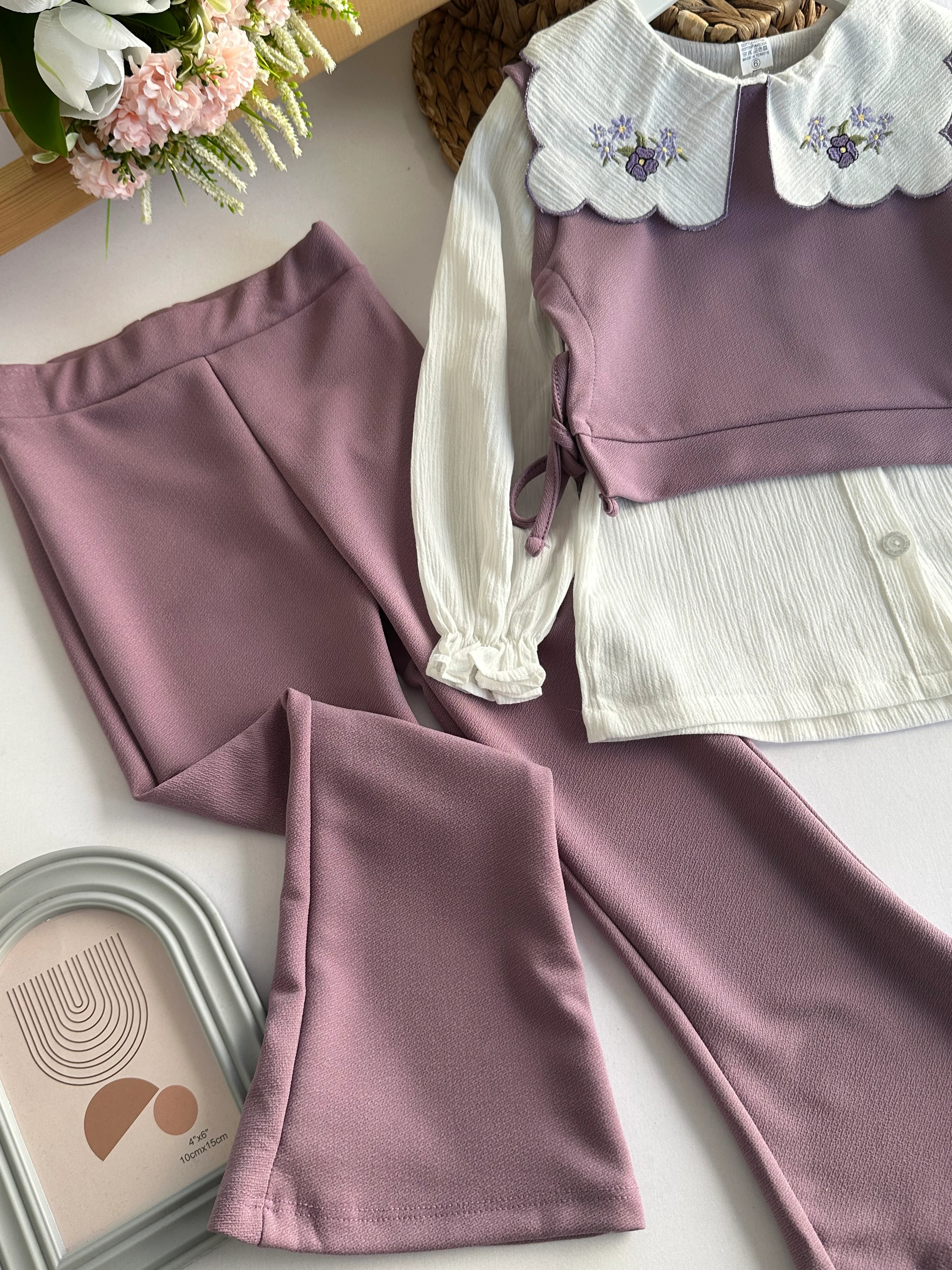 Kız Çocuk Mor Çiçek Nakış Yakalı 3’lü Takım