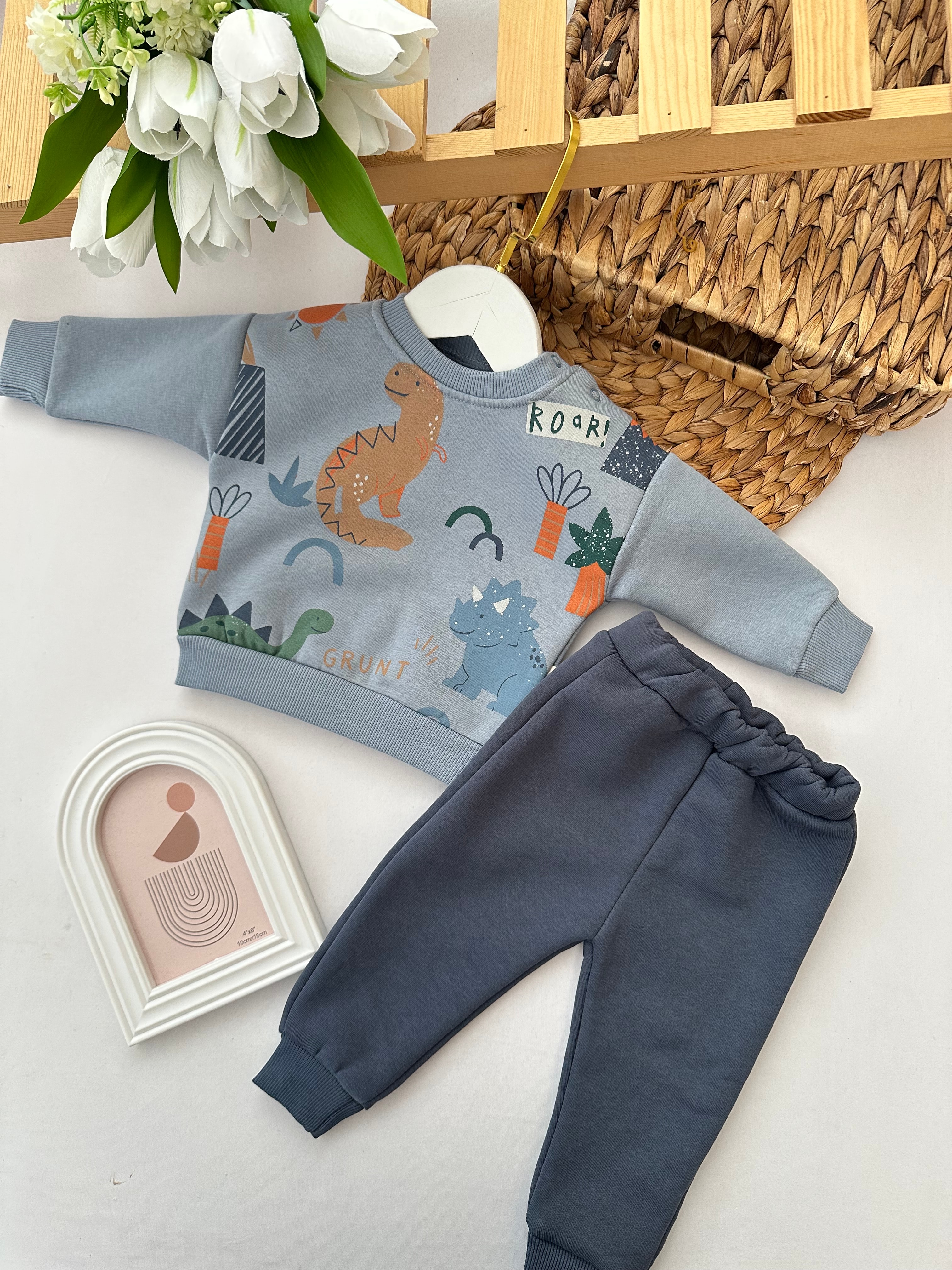 Erkek Bebek Mavi Dinozorlu Takım