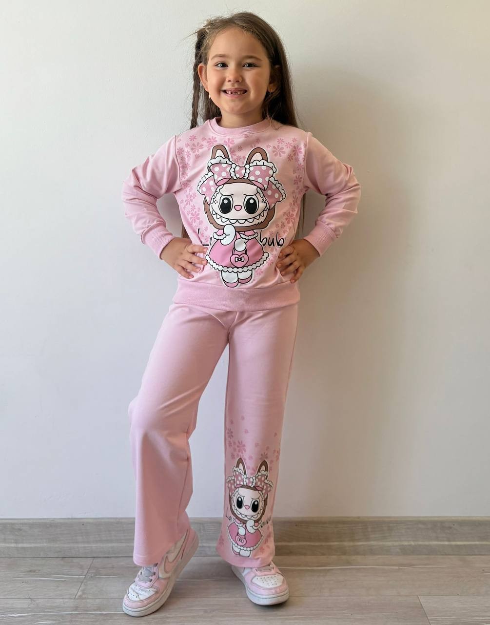 Kız Çocuk Pembe Labubu Bol Paça Takım