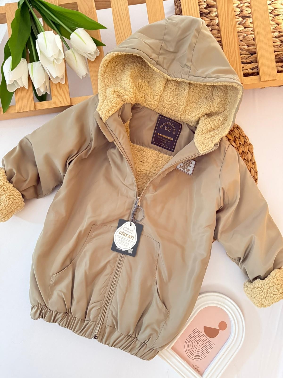 Erkek Çocuk Vizon İçi Peluş Kapüşonlu Mont