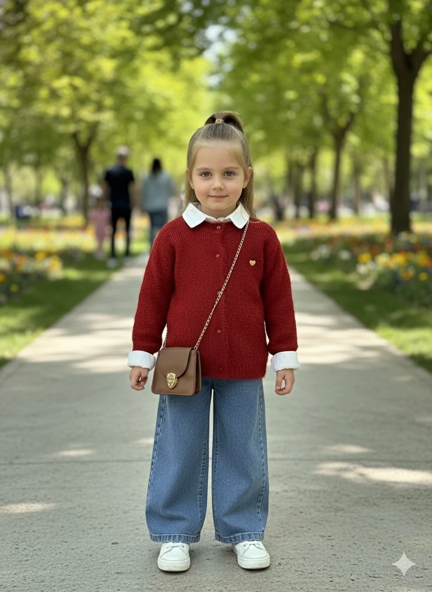 Kız Çocuk Kırmızı Hırka ve Çantalı 4'lü Takım