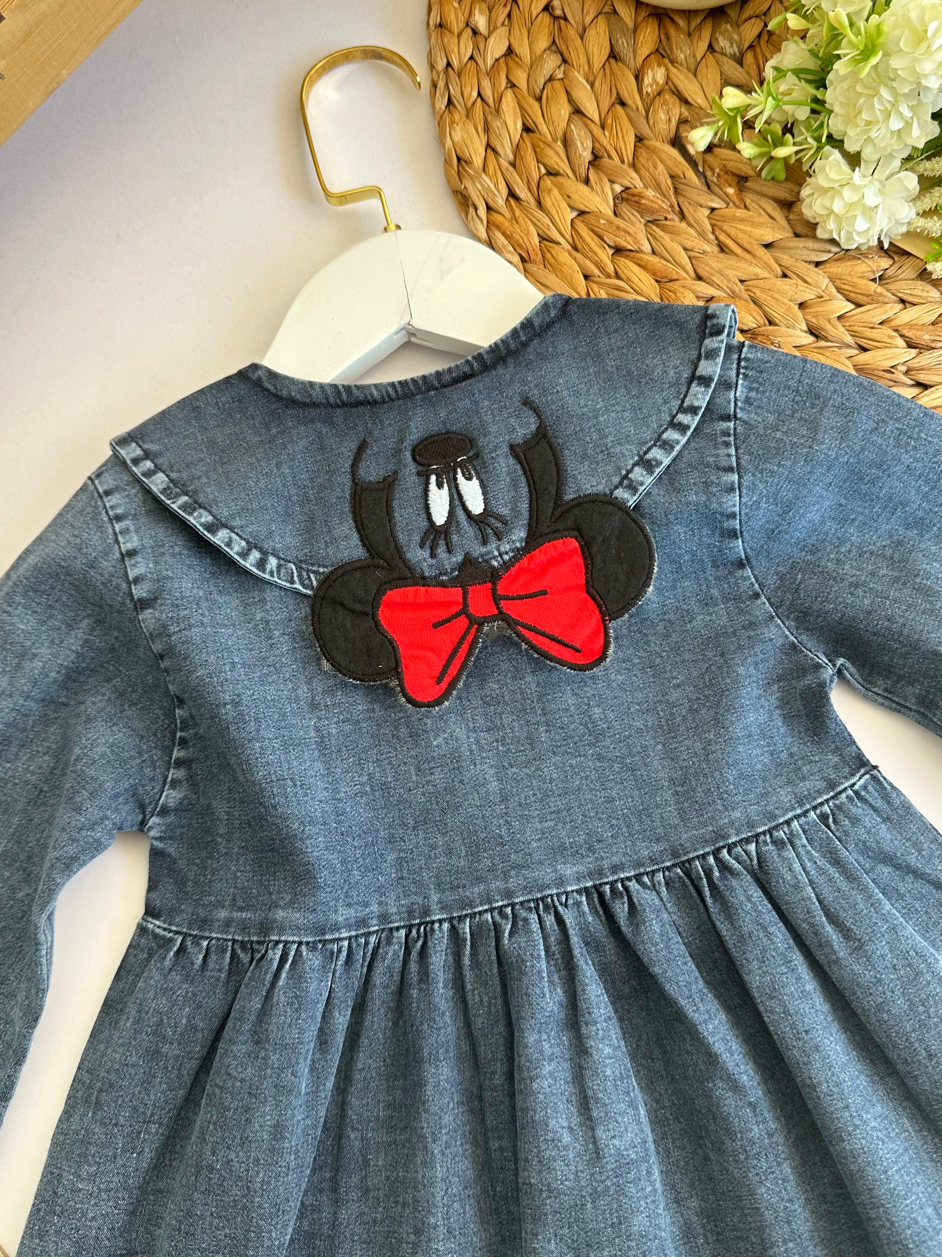 Kız Çocuk Koyu Mavi Mickey Mouse Kot Elbise