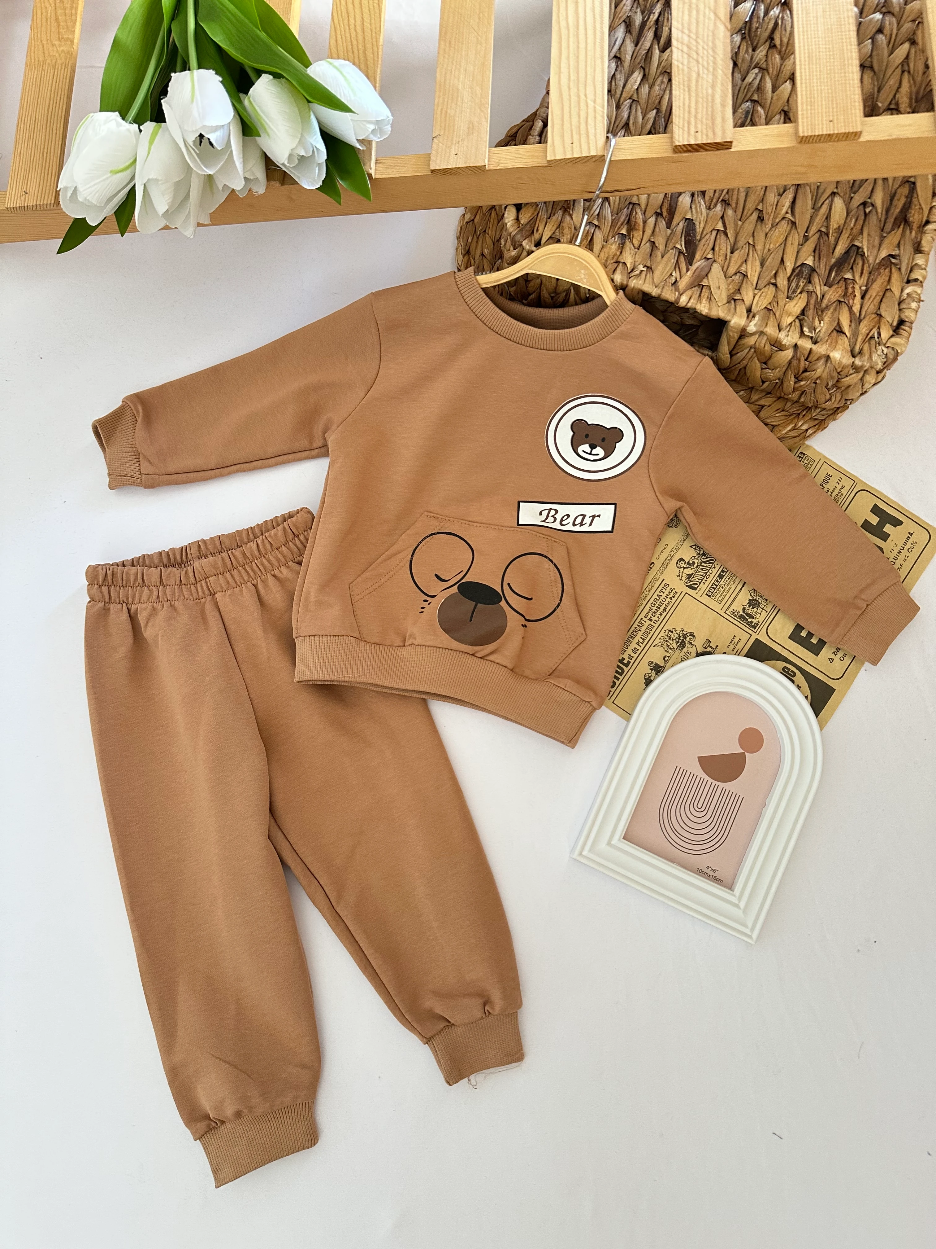 Unisex Kahve Ayıcık Baskılı Takım