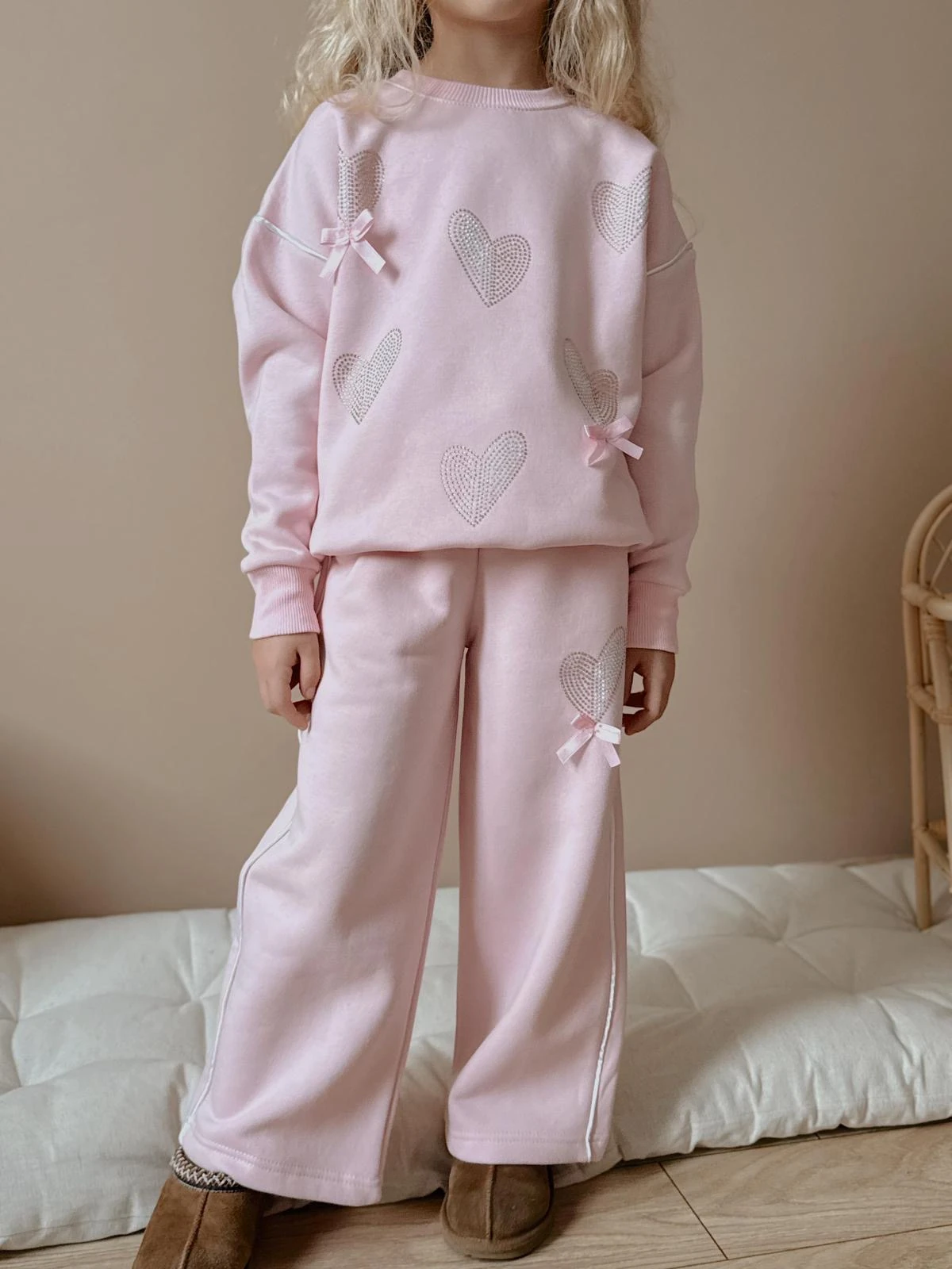 Kız Çocuk Pembe Kalpli Kurdeleli Alt-Üst Takım