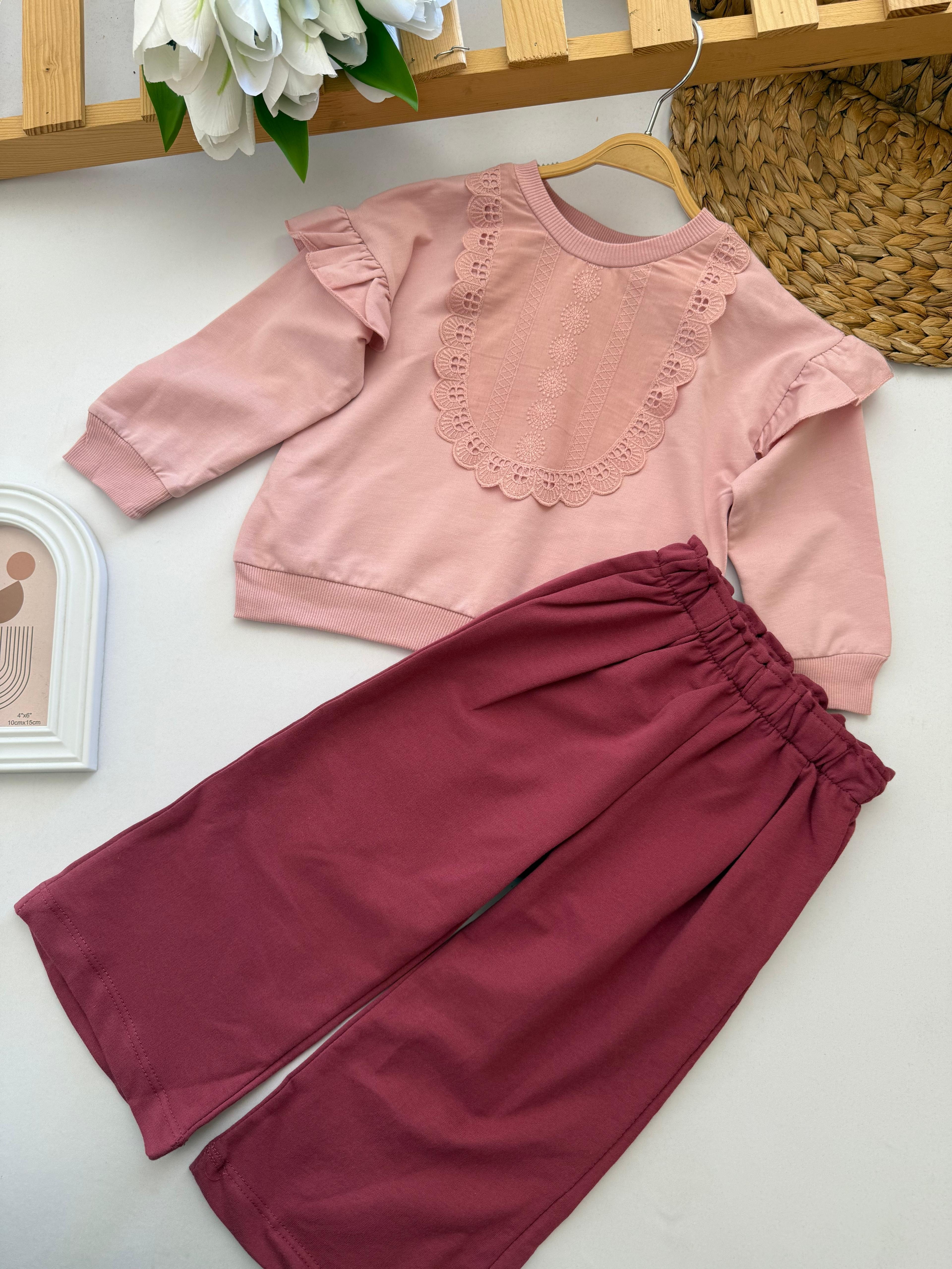 Kız Çocuk Önü Fırfırlı Pembe Alt-Üst Takım