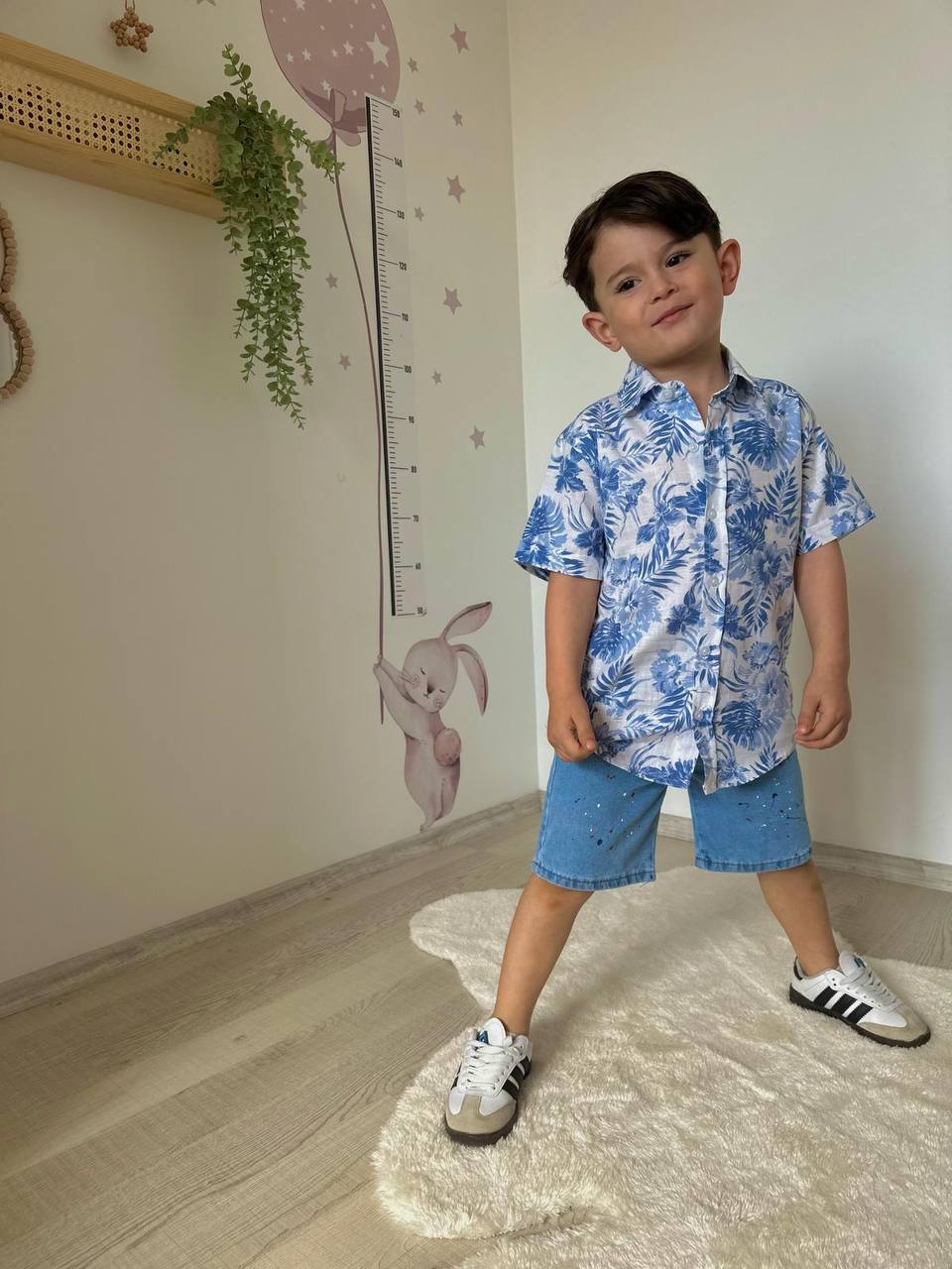 Erkek Çocuk Mavi Desenli Gömlek Kot Şort Takım