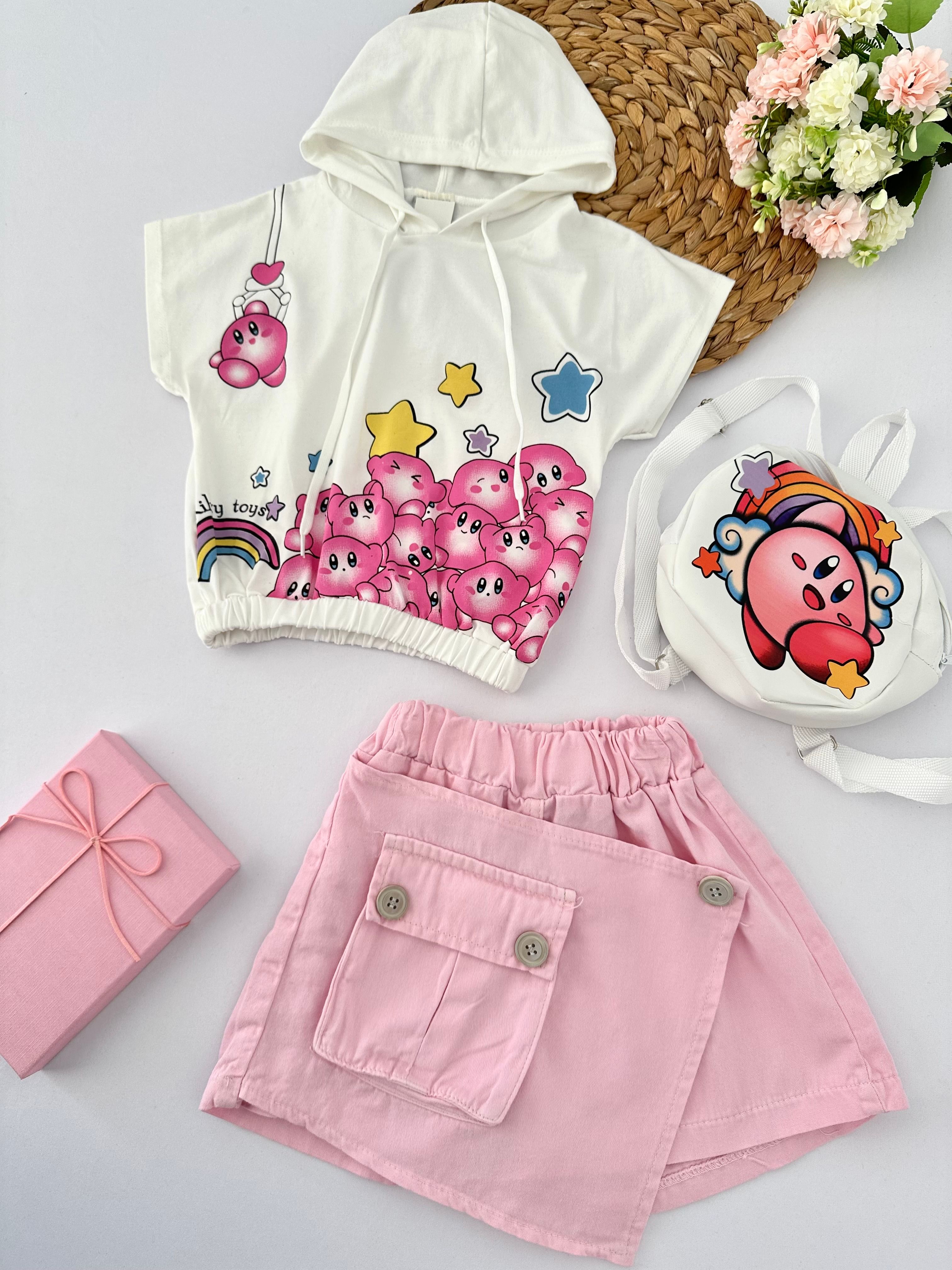 Kız Çocuk Toz Pembe Kirby Toys Kot Etek Çanta Takım