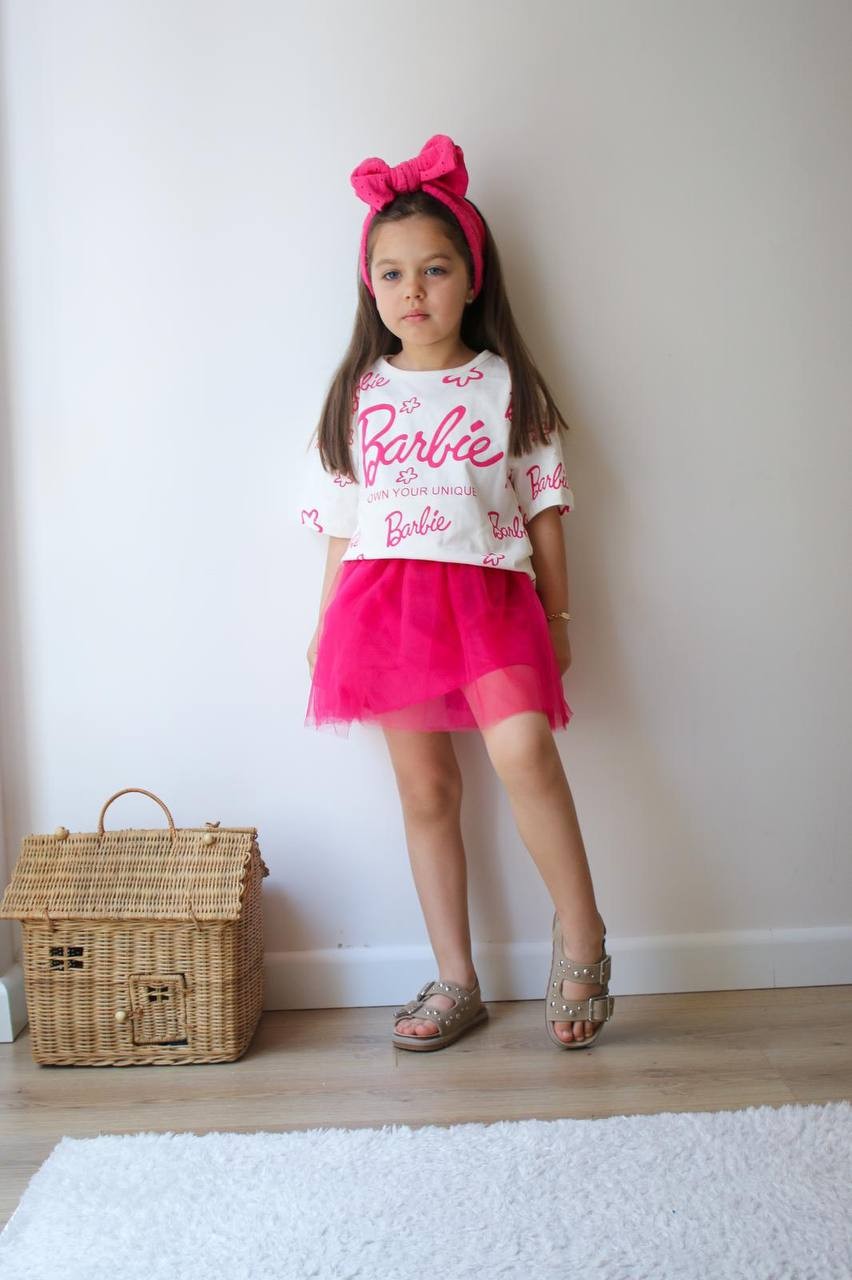 Kız Çocuk Pembe Barbie Tül Etekli Takım
