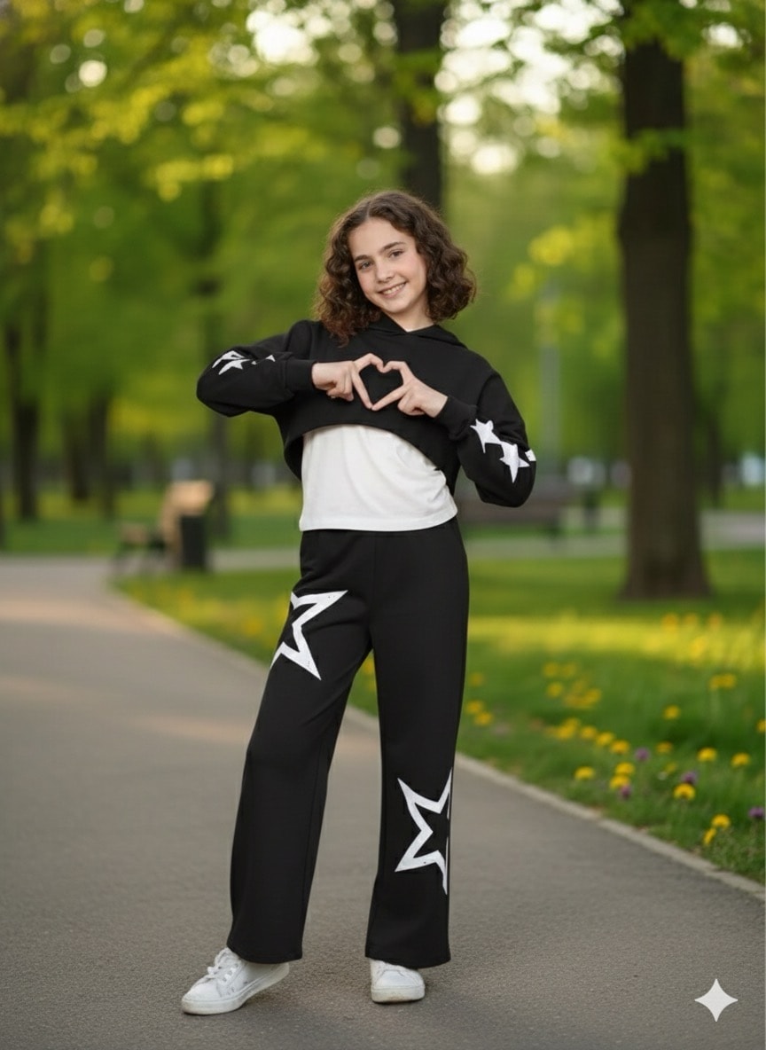 Kız Çocuk Siyah Yıldız Desenli Kapüşonlu 3'lü Takım