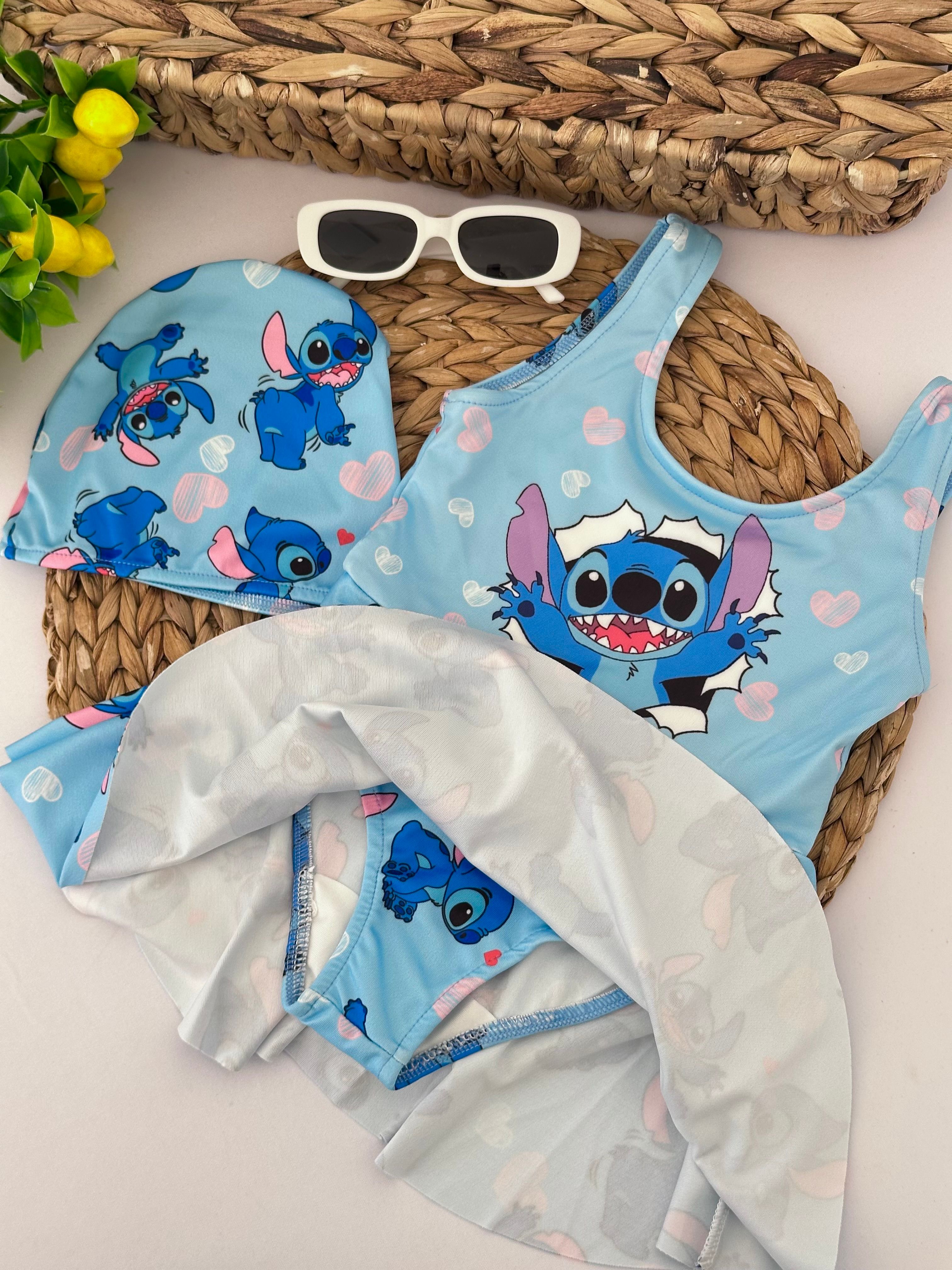 Kız Çocuk Mavi Stitch Boneli Etekli Mayo
