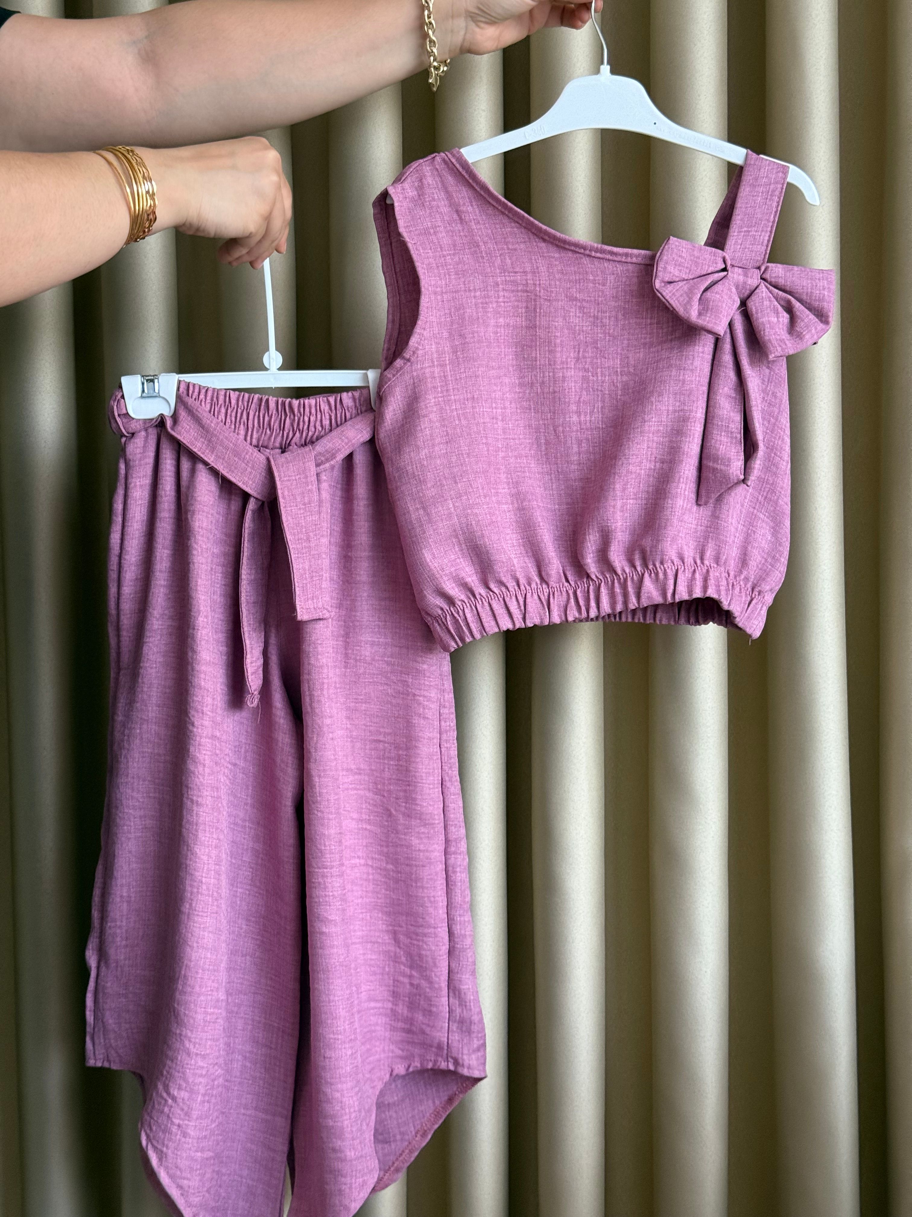 Kız Çocuk Mor Fiyonklu Crop Pantolon Takım