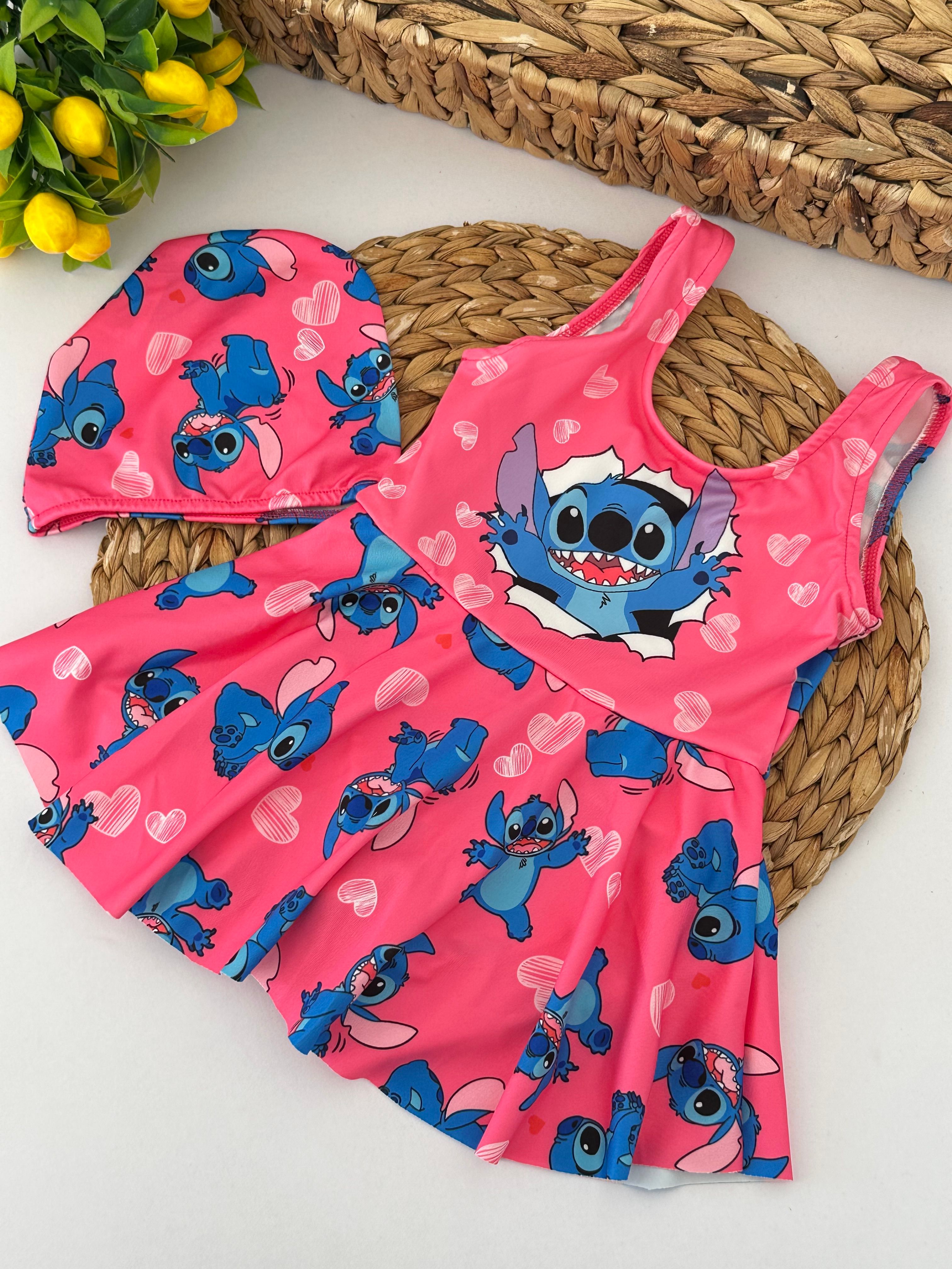 Kız Çocuk Fuşya Stitch Boneli Etekli Mayo