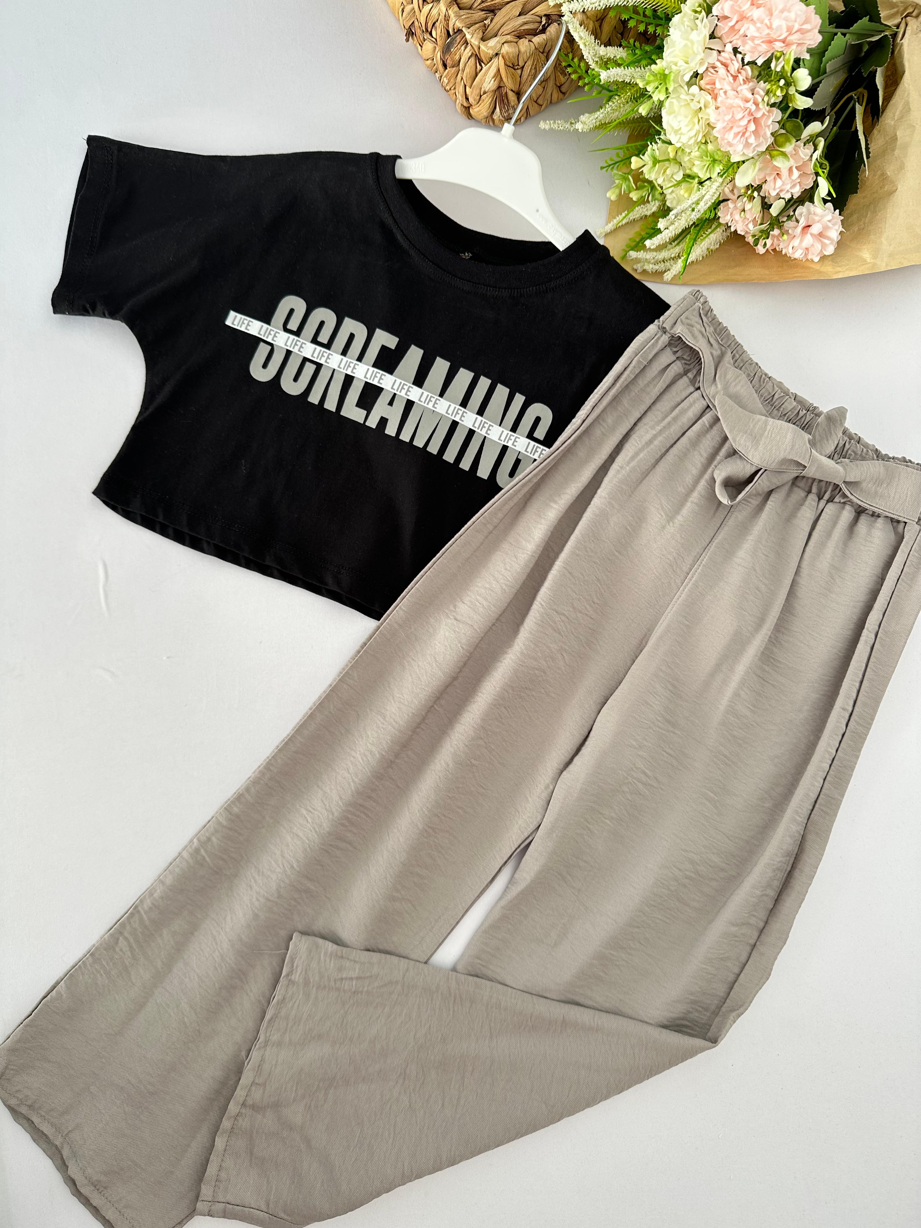 Kız Çocuk Gri Crop Pantolon Takım