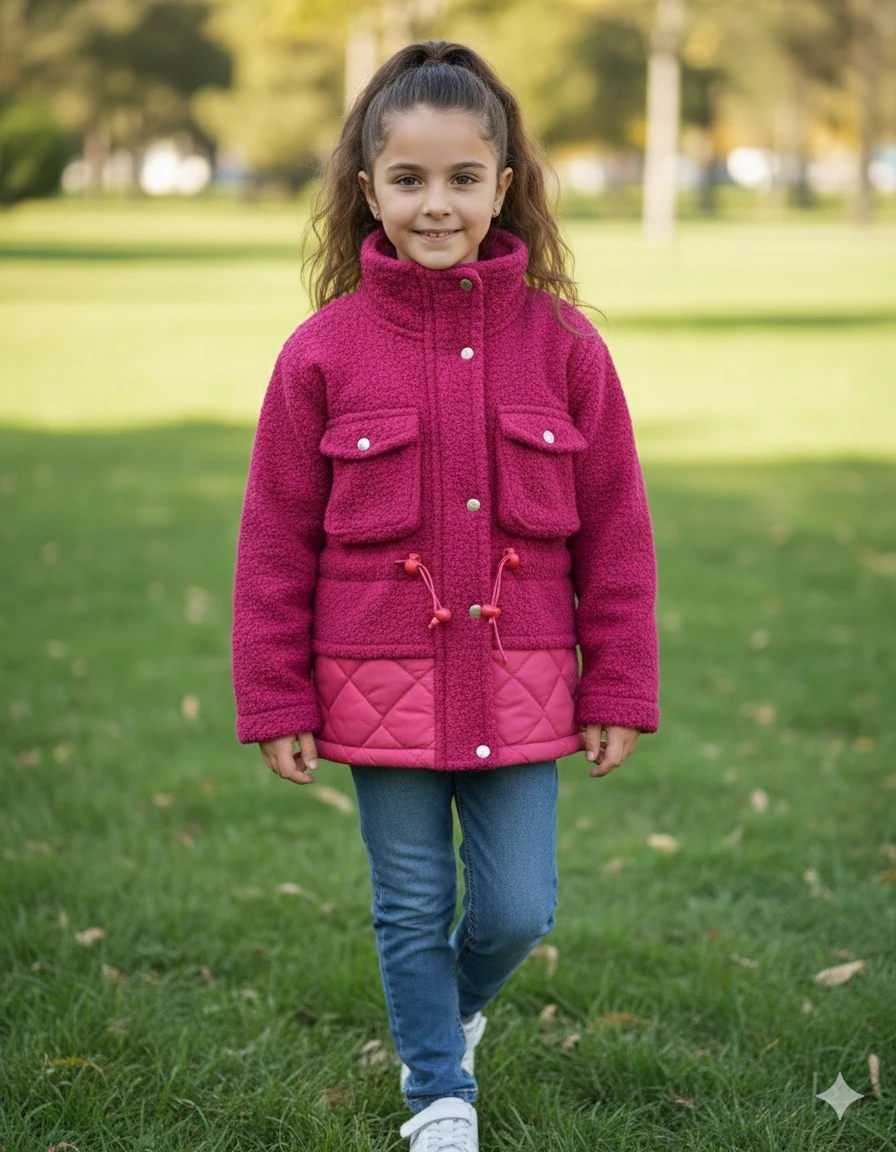 Kız Çocuk Fuşya  Cep Detaylı Mont
