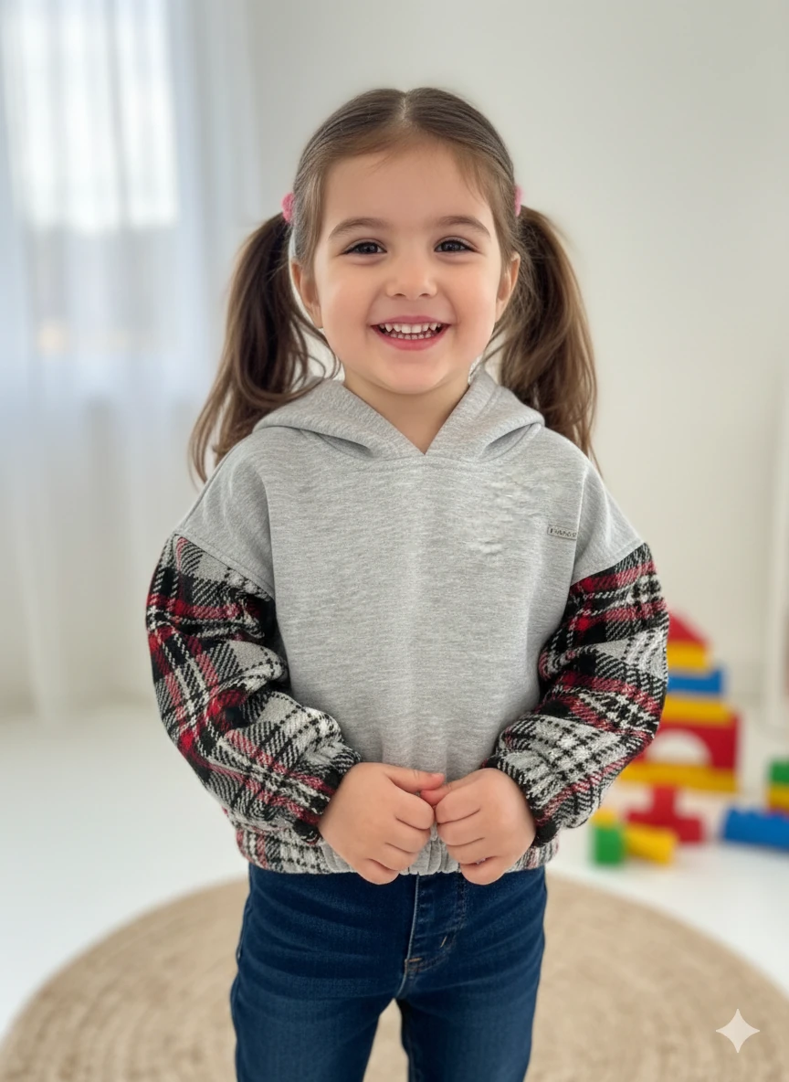 Çocuk Gri Yanları Ekose Sweat