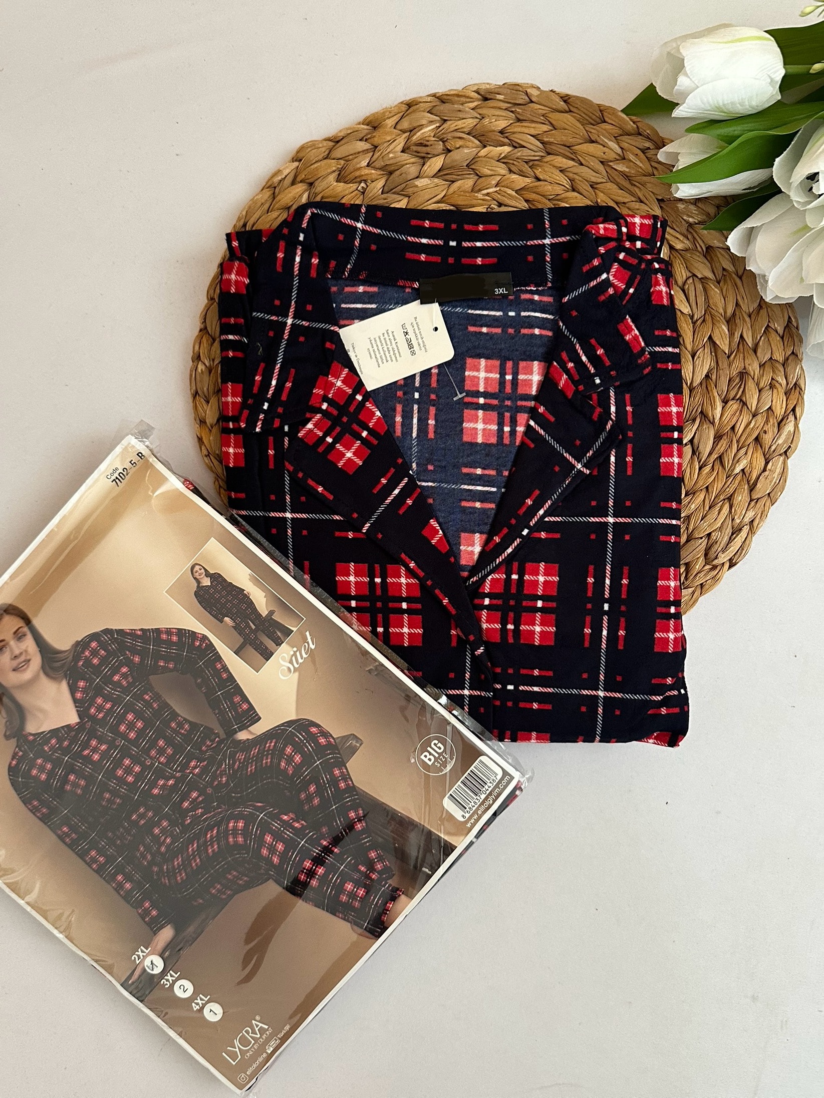 Kırmızı Lacivert Ekose Desenli Süet Battal Boy Kadın Pijama Takımı