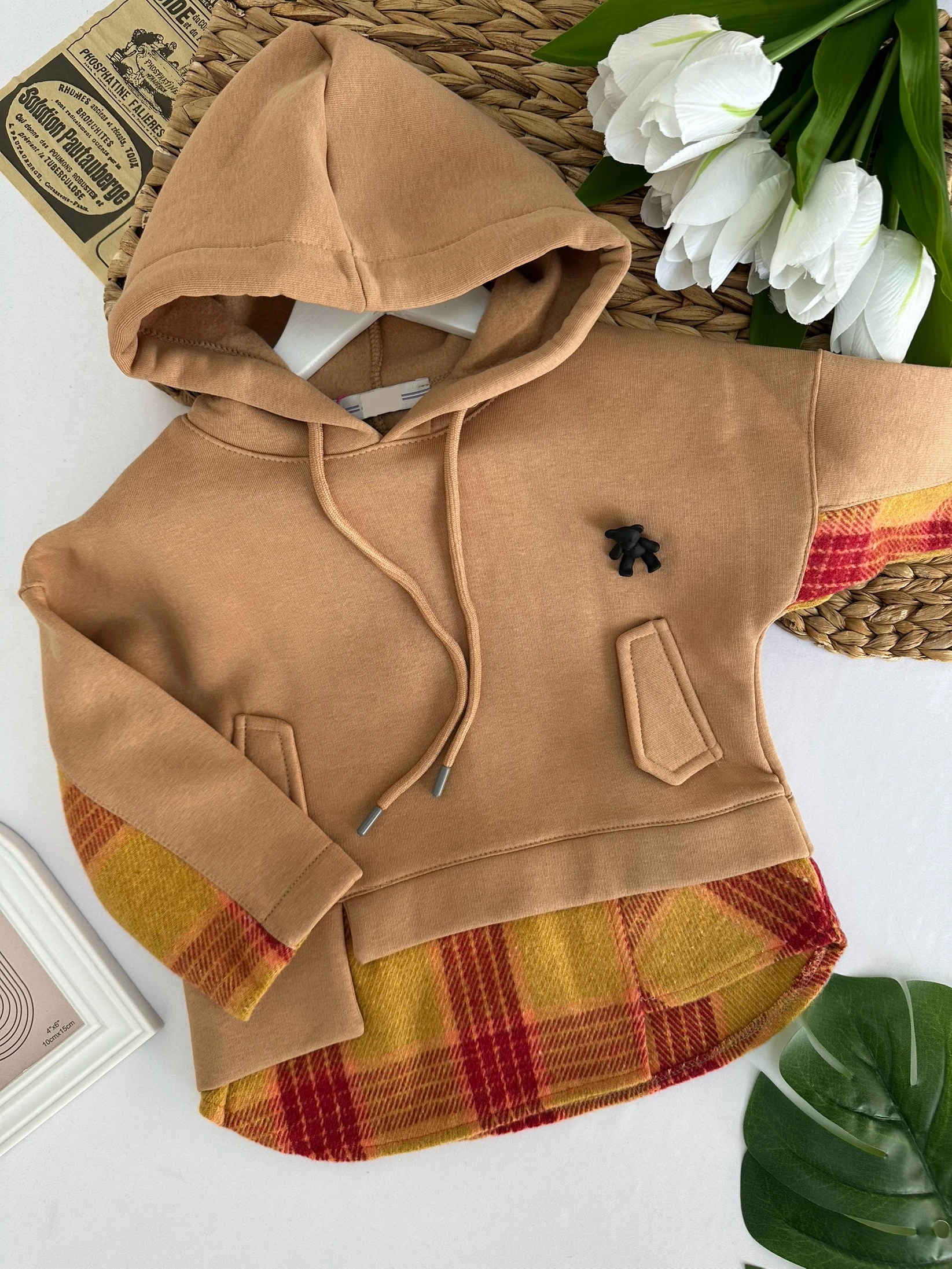 Kız Çocuk Kahverengi Ayıcıklı Kapüşonlu Gömlek Detaylı Sweat