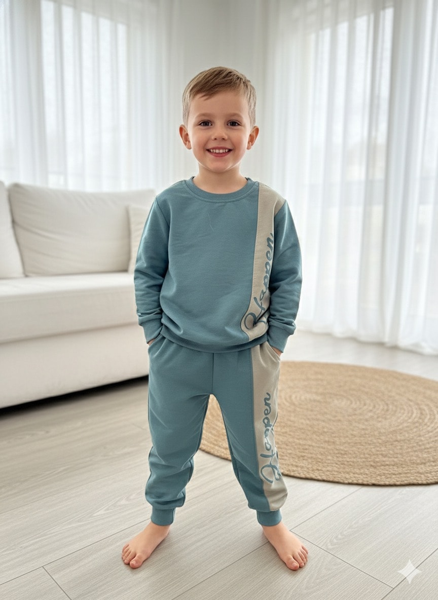 Erkek Çocuk Mavi Happen Desenli Takım