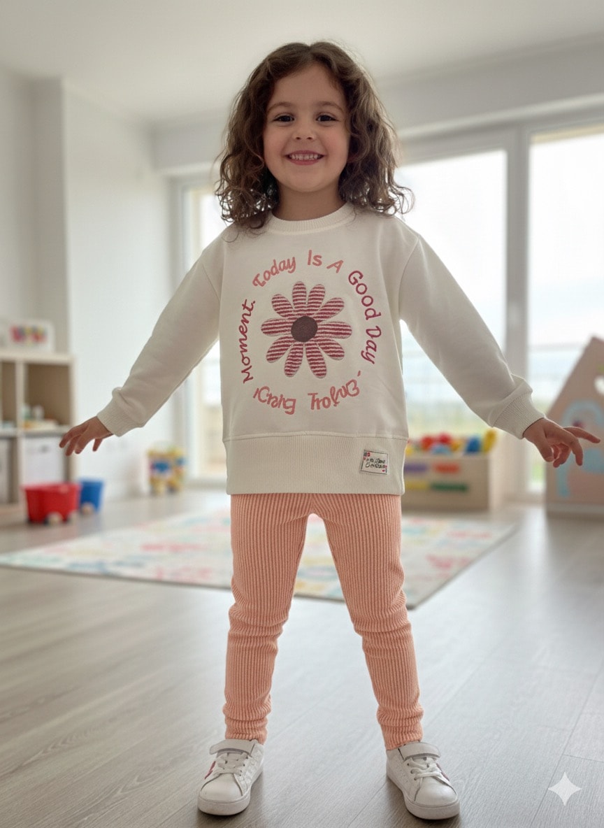 Kız Çocuk Somon  Papatya Desenli Takım