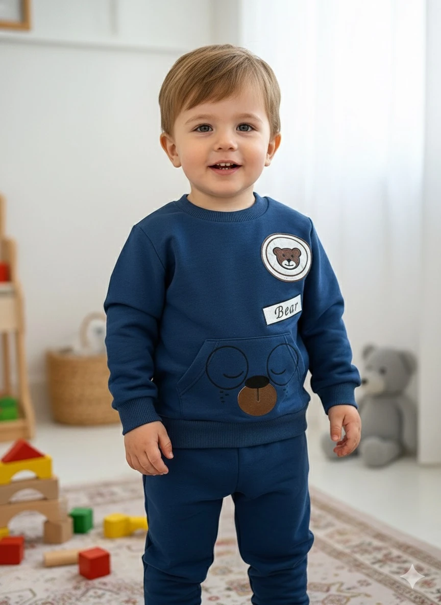 Unisex Lacivert Ayıcık Baskılı Takım