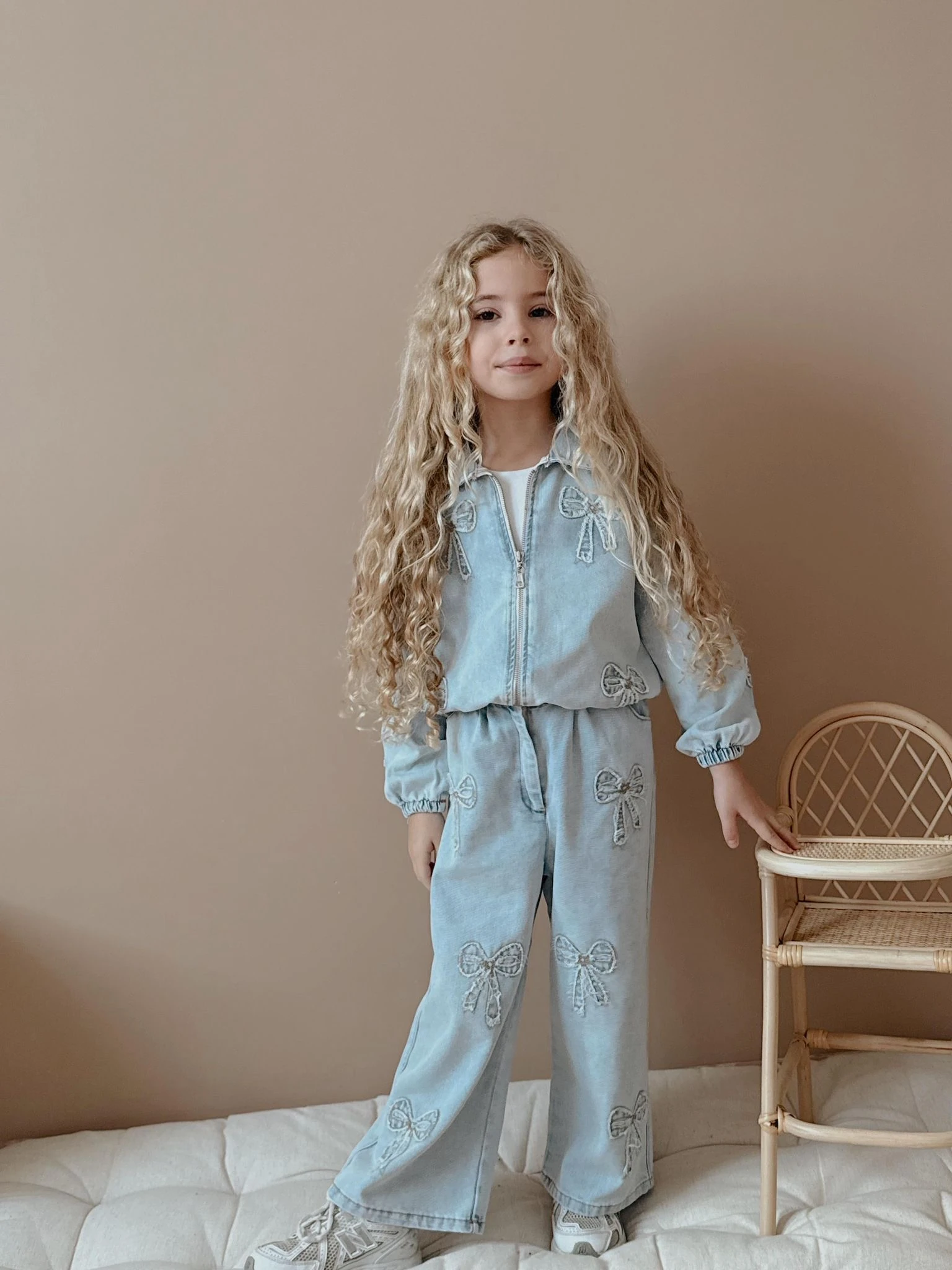 Kız Çocuk Kot Fiyonk Desenli Fermuarlı Takım