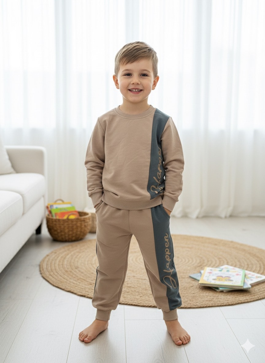 Erkek Çocuk Vizon Happen Desenli Takım